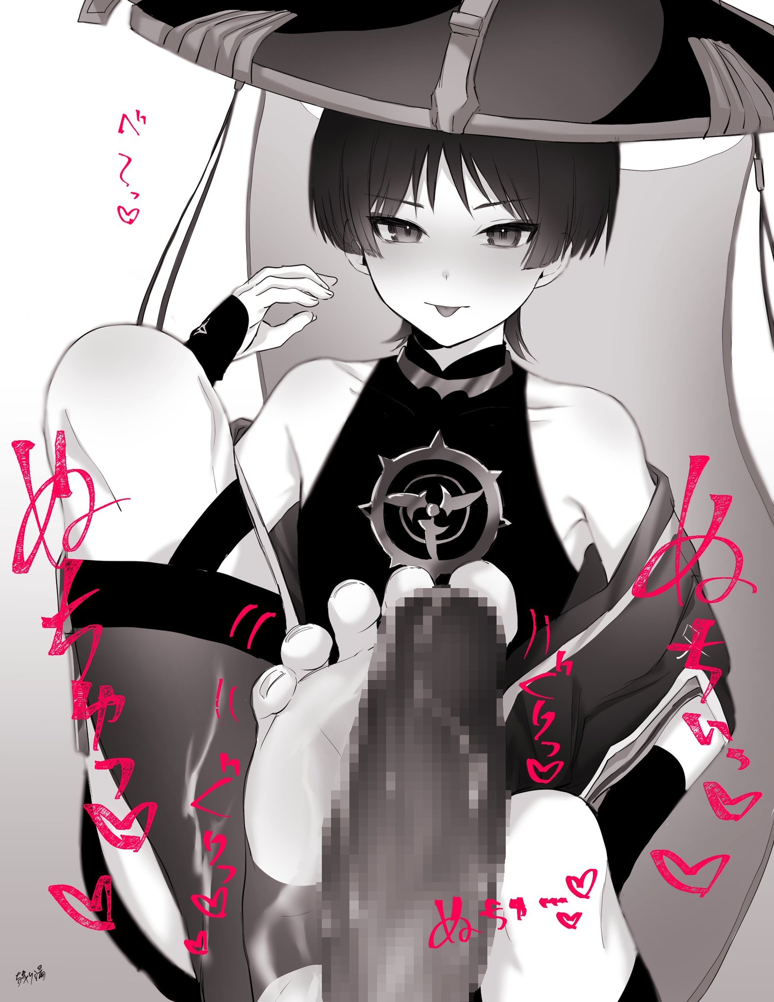 bare shoulders, censored, female, femboy, footjob, genshin impact, girly, hat, looking at viewer, male, male only, monochrome, mosaic censoring, onigiritandayo, otoko no ko, otokonoko, scaramouche (genshin impact), tomgirl, trap, yaoi