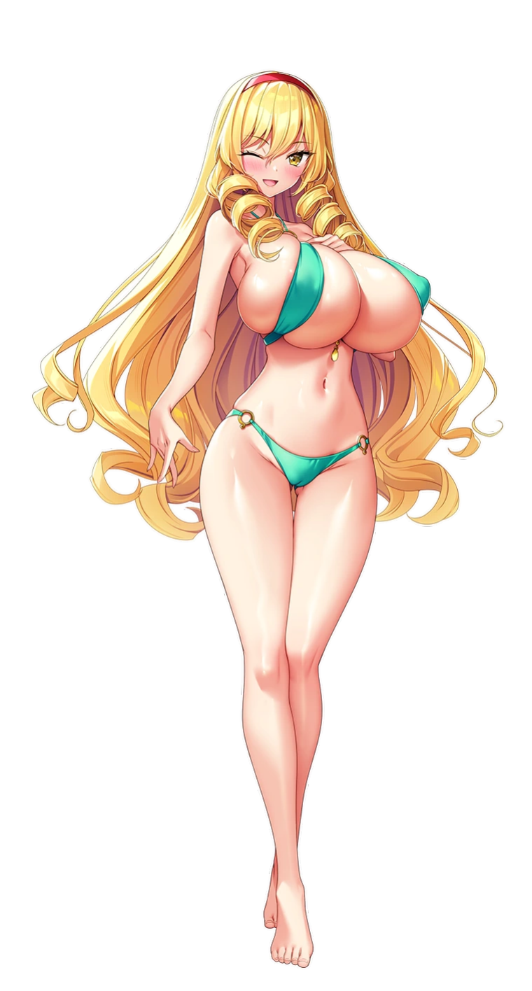 1girls big_breasts bikini blonde_female blonde_hair blonde_hair blush breasts cameltoe curly_hair derauea female female_only full_body hair_between_eyes huge_breasts large_breasts long_hair looking_at_viewer makina_le_blanchette milk_factory motto!_haramase!_honoo_no_oppai_isekai_oppai_meido_gakuen! navel nipple_bulge official_art smile smiling smiling_at_viewer solo thin_waist transparent_background wink winking winking_at_viewer yellow_eyes yellow_hair