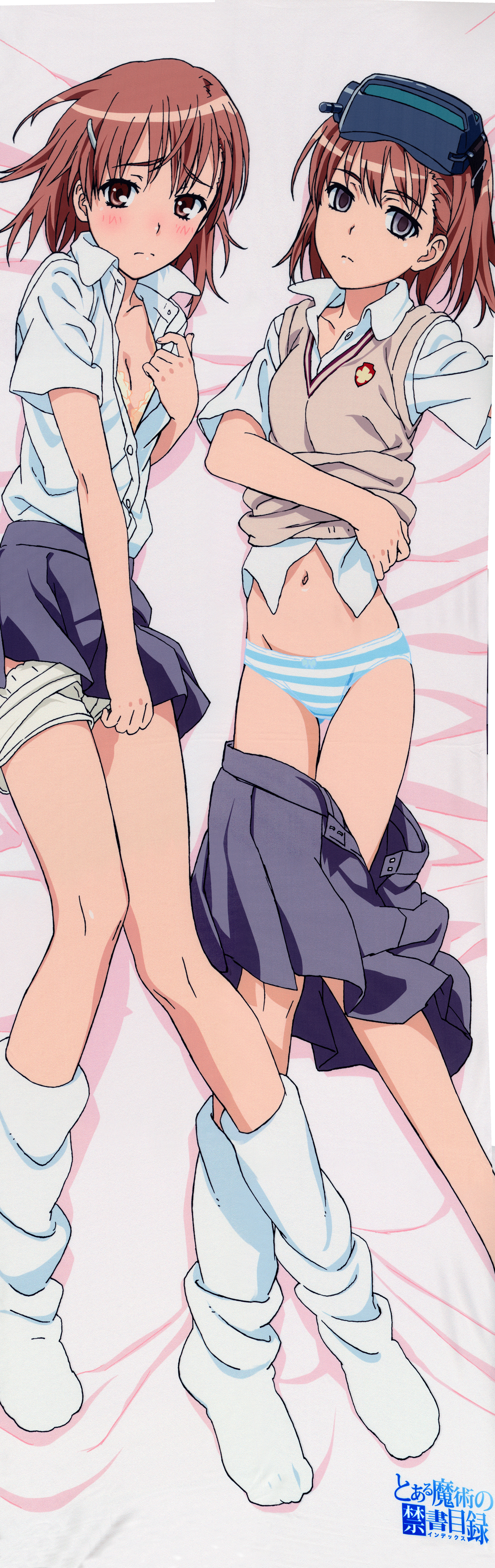 00s, 2009, 2girls, absurd res, ass visible through thighs, bed sheet, black eyes, blue panties, blush, bra, breasts, brown eyes, brown hair, brunette, cleavage, clone, collarbone, dakimakura, empty eyes, female, flat chest, footwear, gluteal fold, grey eyes, grey skirt, head-mounted display, hi res, kneehighs, lingerie, long image, loose socks, matching hair/eyes, miniskirt, misaka imouto, misaka mikoto, multiple females, multiple girls, navel, official art, open clothes, open shirt, panties, school uniform, schoolgirl, shirt, short hair, shorts, shorts down, siblings, sisters, skirt, skirt down, socks, striped, striped panties, tall image, teenage female, teenager, to aru kagaku no railgun, to aru majutsu no index, tokiwadai school uniform, underwear, undressing, white socks, yellow bra, young