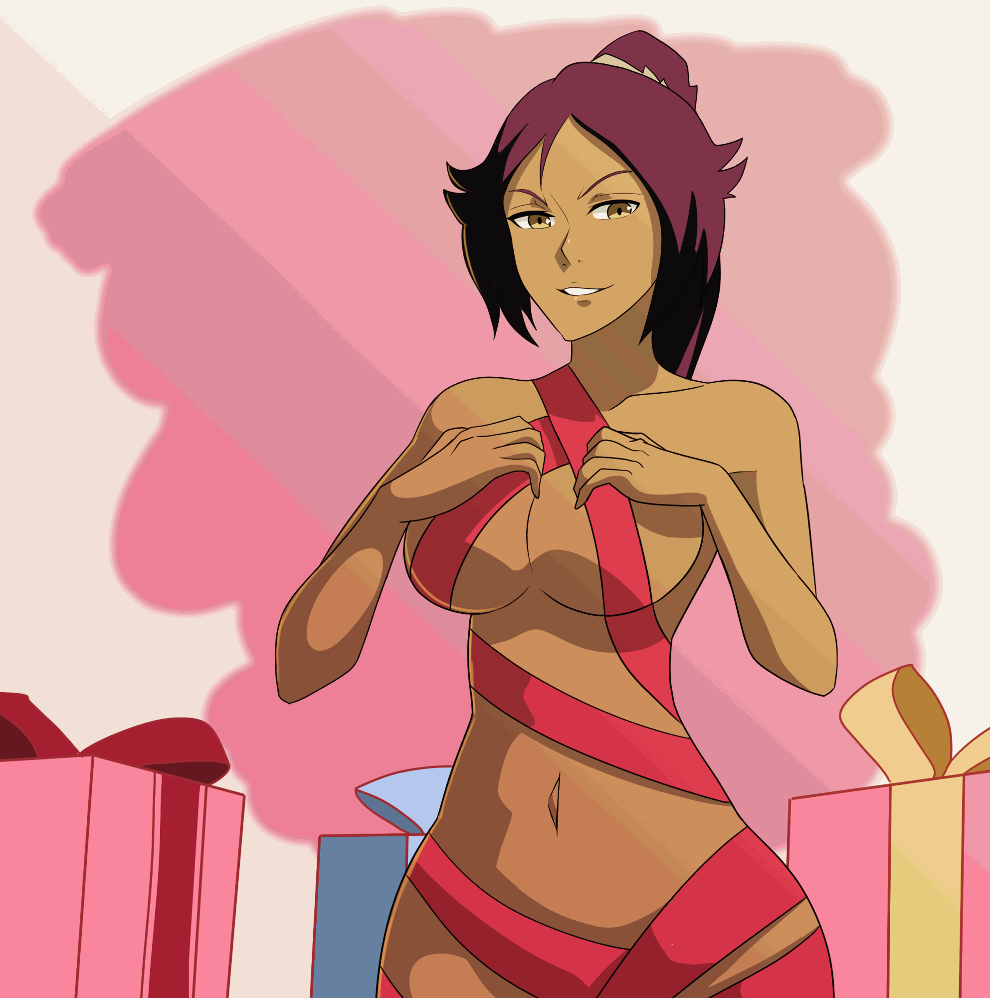 1girls, animated, big breasts, bleach, breasts, brown skin, busty, cleavage, curvaceous, curvy, curvy body, curvy female, curvy figure, dark skin, dark-skinned female, female, female only, gift, gift box, gift wrapped, hourglass figure, loop, looping animation, nipples, ponytail, presenting, presenting breasts, ribbons, scrabble007, shihouin yoruichi, smile, solo, solo focus, tied hair, uncensored, undressing, voluptuous, wide hips, yellow eyes
