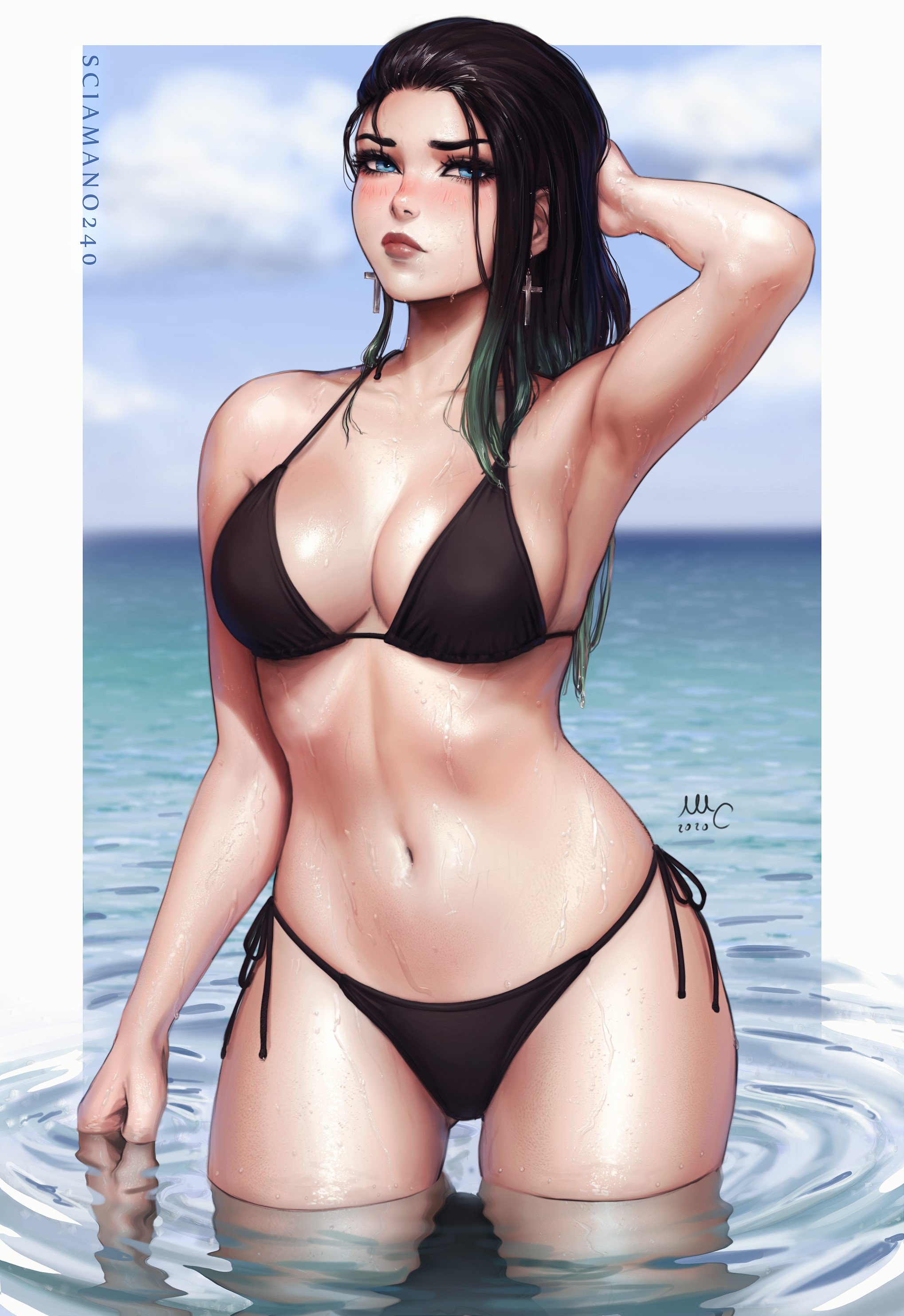 1girls, april (sciamano240), armpits, bare midriff, bare shoulders, beach, bikini, black hair, blue eyes, blush, cross earrings, earrings, female, female only, light skin, light-skinned female, one arm up, original character, presenting armpit, sciamano240, shaved armpit, solo, solo female, straight hair, thick thighs, wet, wet armpit