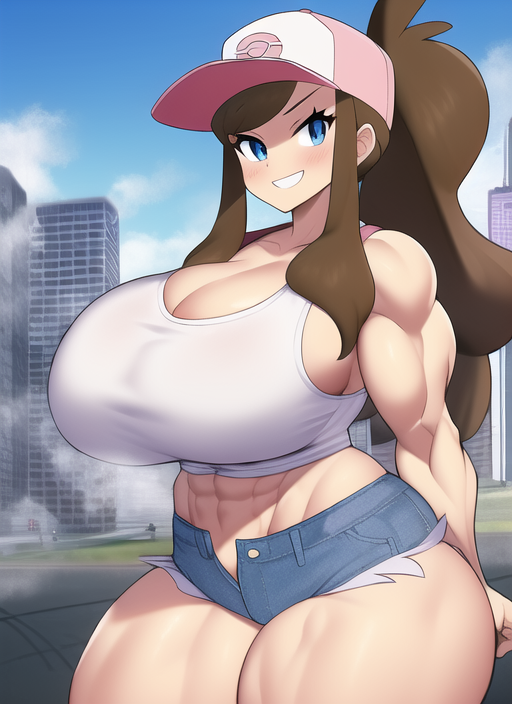 1girls abs aged_up ai_generated bare_arms bare_legs bare_midriff bare_shoulders bare_thighs baseball_cap biceps blue_eyes blue_shorts blush breast_expansion breasts broad_shoulders brown_hair cleavage collarbone crop_top denim denim_clothing denim_shorts game_freak giant giantess gigantic_breasts gigantic_thighs grin hourglass_expansion hourglass_figure huge_breasts huge_thighs large_breasts large_thighs long_hair looking_at_viewer macro massive_breasts massive_thighs midriff midriff_baring_shirt muscle muscle_growth muscle_tone muscles muscular muscular_arms muscular_female muscular_legs muscular_thighs nai_diffusion nintendo pokemon pokemon_bw ponytail short_shorts shorts sideboob size_difference smile smiling_at_viewer stable_diffusion steam steaming_body tank_top teeth teeth_showing teeth_visible thick_arms thick_thighs thighs unzipped unzipped_shorts venus_body voluptuous voluptuous_female white_crop_top white_tank_top wide_hips