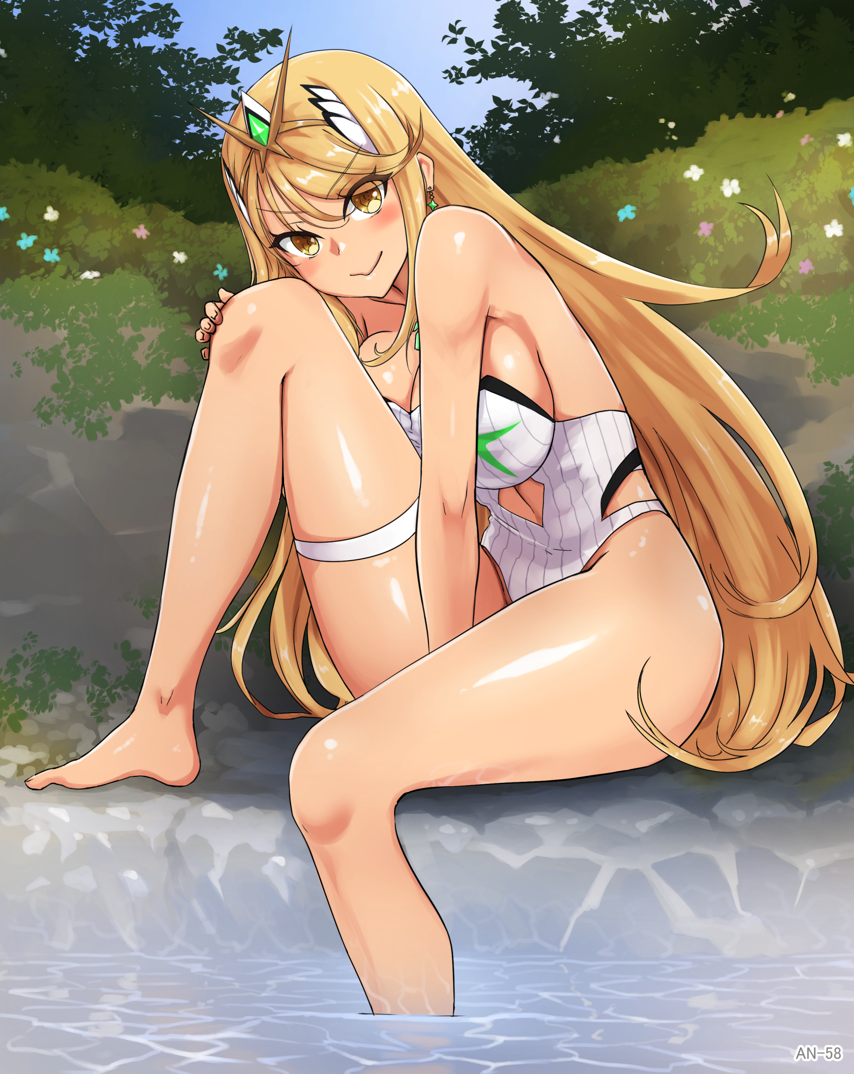 1girls, an-58 (nurutekan/angoha), big breasts, blonde hair, blush, breasts, core crystal, female, female only, light skin, light-skinned female, long hair, looking at viewer, mythra, mythra (xenoblade), nintendo, nurutekan, solo, swimsuit, thick thighs, thighs, very long hair, xenoblade (series), xenoblade chronicles 2, yellow eyes