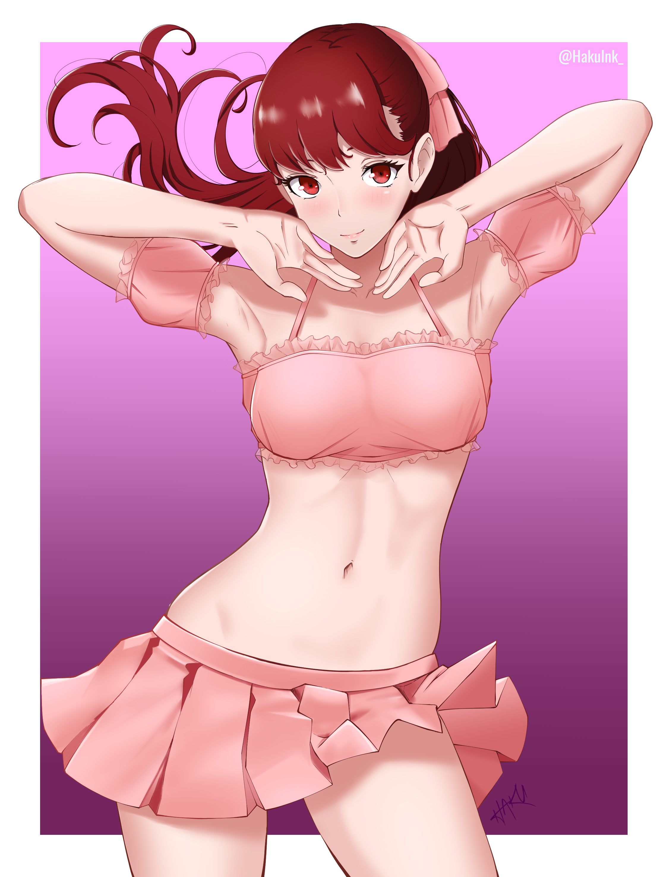 alternate version available, armpits, bikini, bra, commission, commissioner upload, female, hakuink, kasumi yoshizawa, looking at viewer, midriff, official alternate costume, persona, persona 5, persona 5 royal, pink bikini, ponytail, red eyes, red hair, skirt, sumire yoshizawa, swimsuit, underwear
