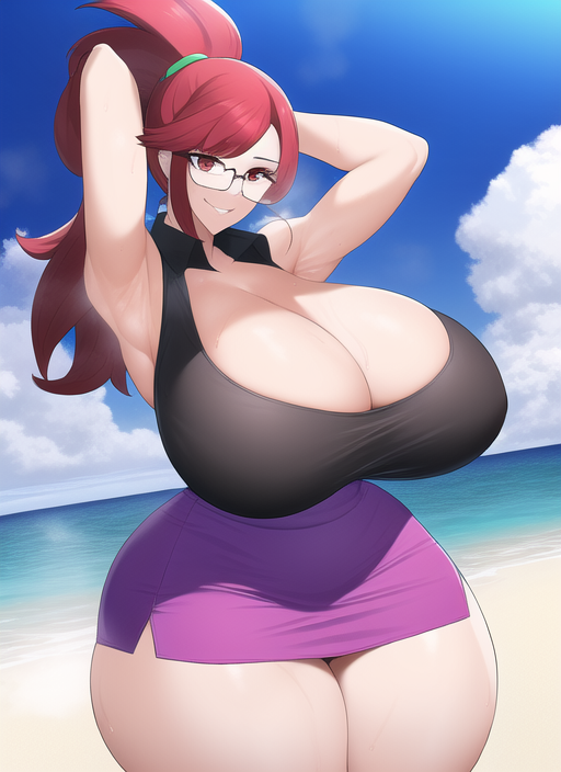 1girls ai_generated alternate_breast_size armpits cleavage huge_breasts long_hair lorelei_(pokemon) lorelei_(pokemon_frlg) nai_diffusion pokemon pokemon_frlg ponytail red_eyes red_hair stable_diffusion sweat thick_thighs voluptuous wide_hips