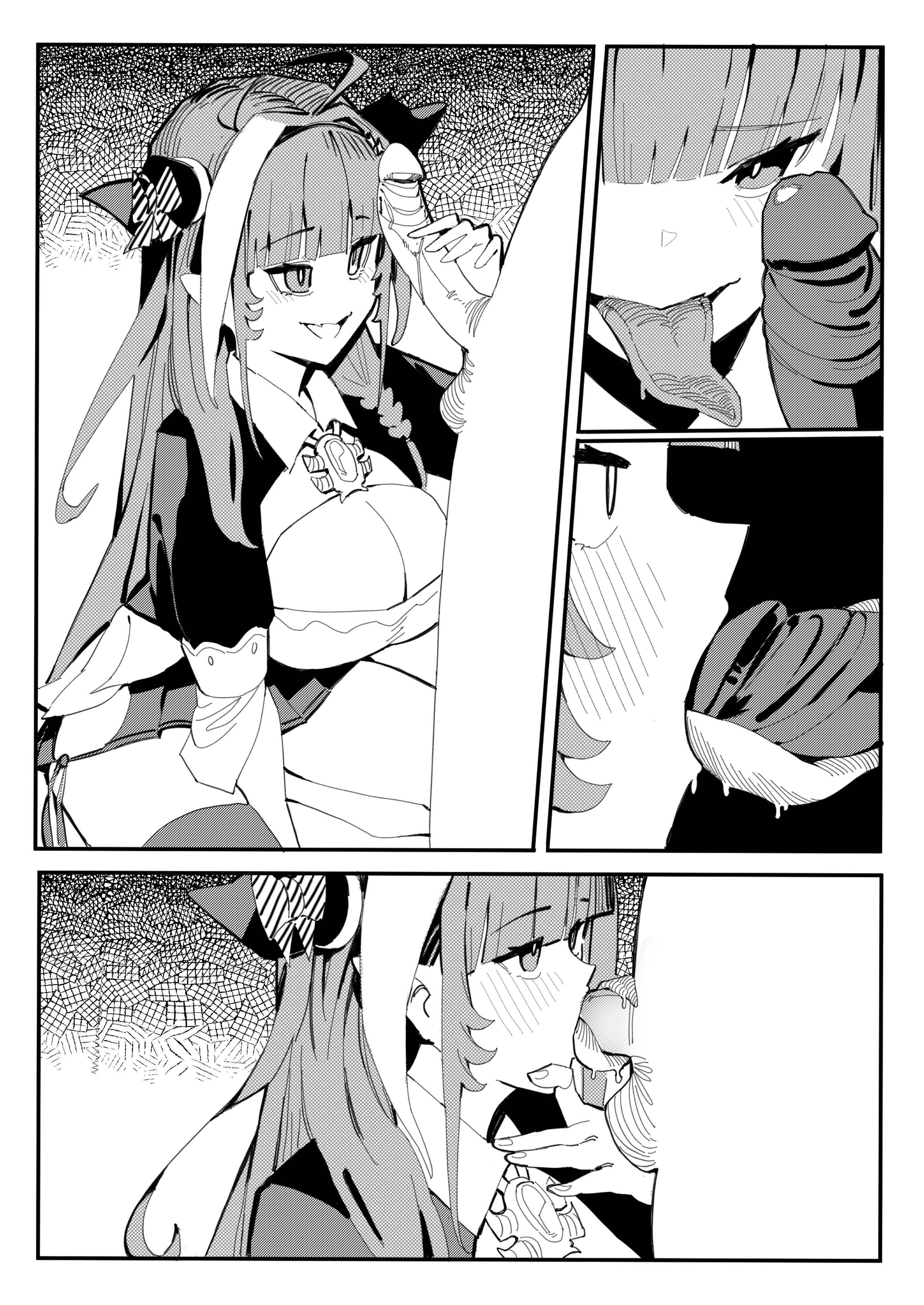 1boy, 1girls, ahoge, blush, breasts, cleavage, cleavage cutout, cleavage window, comic, dismassd, dragon, dragon girl, erection, fellatio, female, greyscale, handjob, holoforce, hololive, hololive japan, horns, huge breasts, kiryu coco, kneeling, licking, licking penis, long hair, long tongue, looking at penis, male, open mouth, oral, penis, penis lick, tongue, tongue out, two-tone hair, virtual youtuber