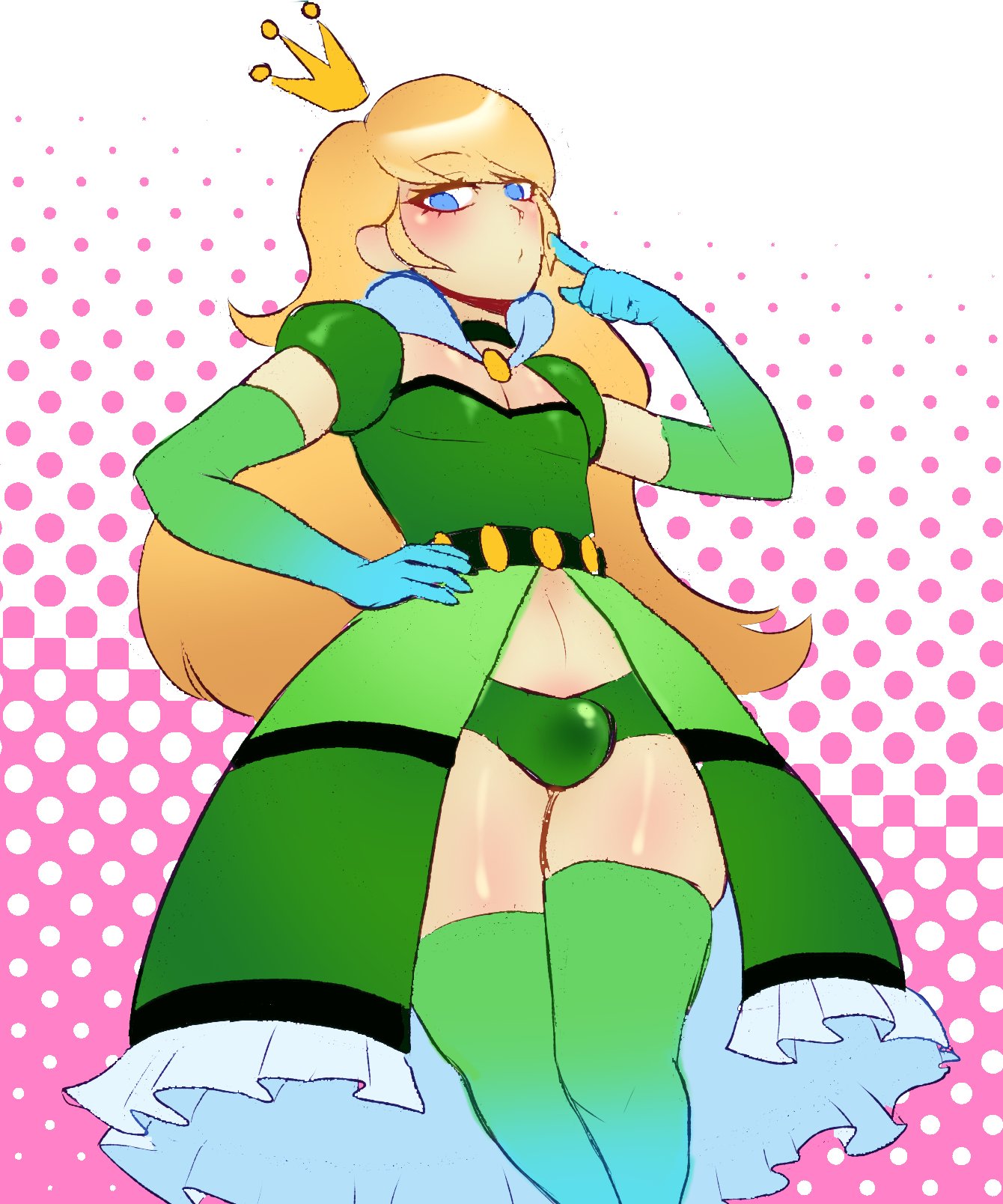1boy, 2022, aspenofsimpcon, blonde hair, blue eyes, bulge, clothed, clothing, crown, cutout, dress, elbow gloves, femboy, flaccid, fully clothed, gloves, human, light skin, light-skinned male, long hair, male, male only, panties, penis, queen vanessa (ahit), rule 63, skindentation, solo, standing, thick thighs, thighhighs
