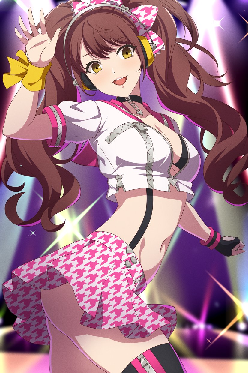 ass commission commissioner_upload headphones kujikawa_rise looking_at_viewer midriff official_alternate_costume persona persona_4 persona_4:_dancing_all_night rin_ateria skeb_commission skirt stage_lights twintails upskirt