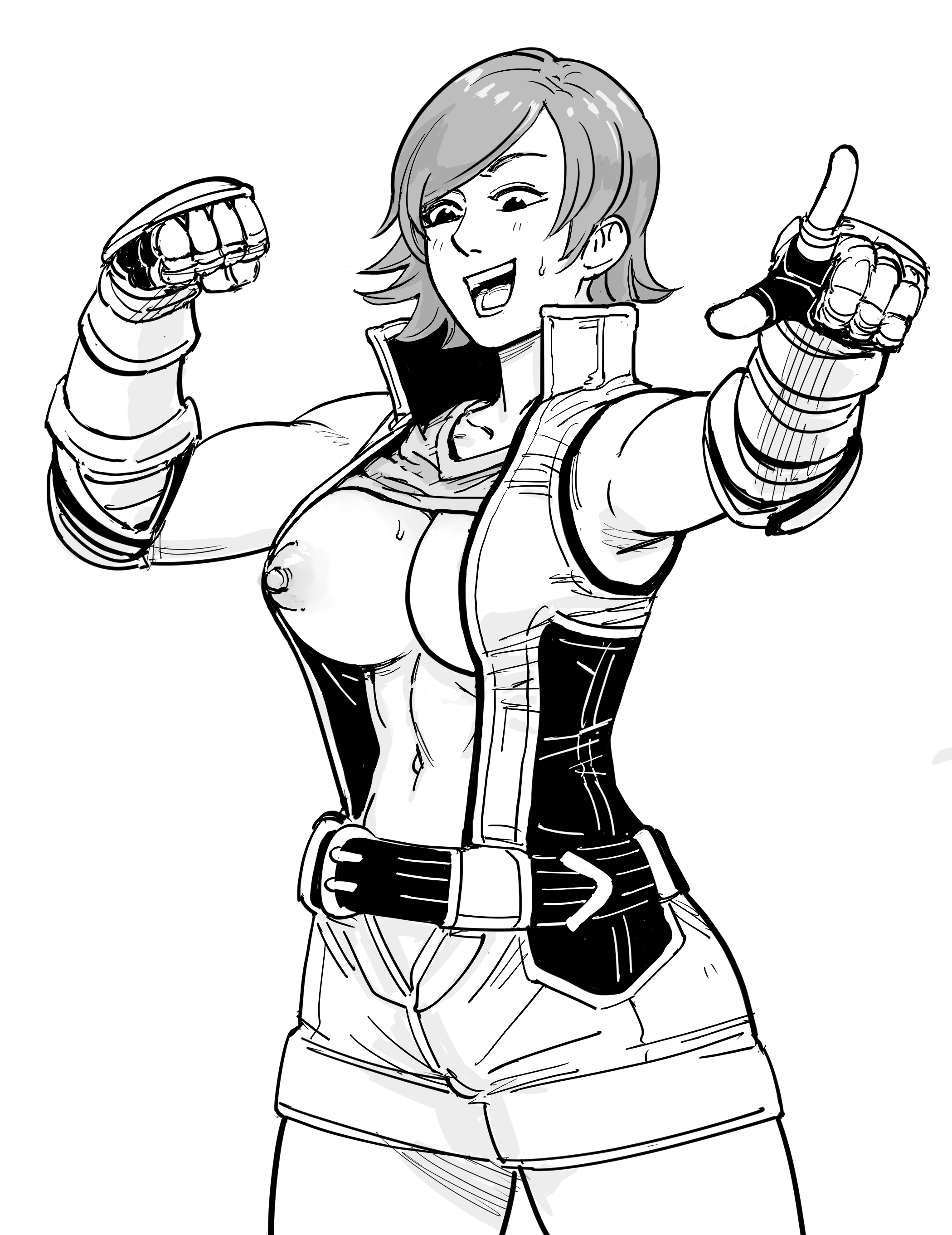accidental exposure, areolae, athletic, athletic wear, bb (baalbuddy), belly, belt, black and white, breasts, exposed breasts, female, hi res, jumpsuit, kazama asuka, large breasts, looking down, monochrome, nervous, nipples, pointing, pose, shirt up, short hair, solo, solo female, sportswear, sweat, sweatdrop, tekken, track suit, wardraws
