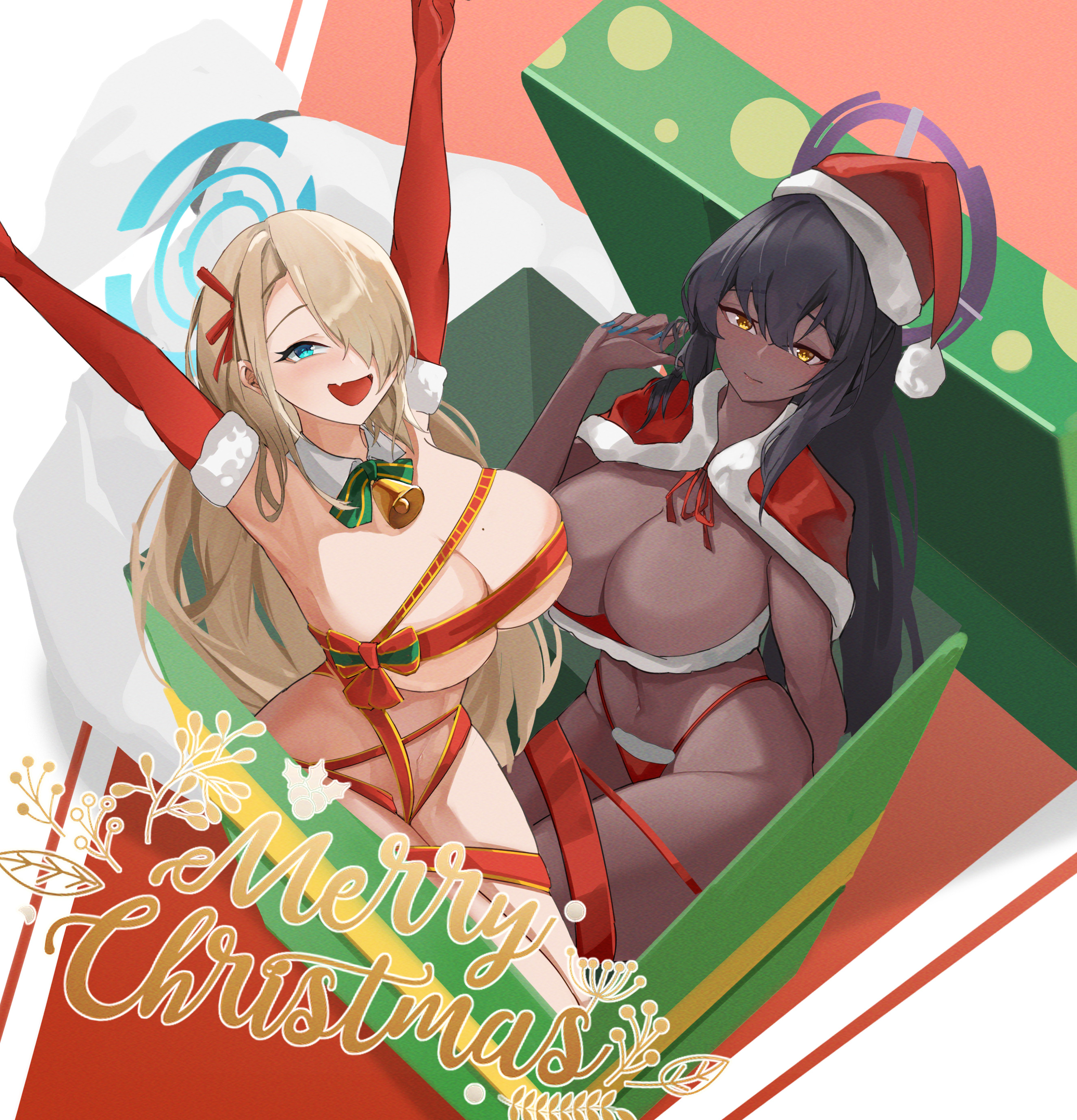 2girls, absurdres, alternate costume, arms up, asuna (blue archive), bangs, bell, bikini, black hair, blue archive, blue eyes, blue nails, bow, bowtie, box, breasts, capelet, christmas, christmas clothing, christmas gift, christmas outfit, christmas present, cleaning & clearing (blue archive), cleavage, closed mouth, collar, commentary, dark skin, dark-skinned female, detached collar, elbow gloves, english text, female, fingernails, fur trim, fur-trimmed bikini, fur-trimmed capelet, fur-trimmed headwear, gift, gift box, gloves, green bow, green bowtie, hair between eyes, hair over one eye, hair ribbon, halo, hand up, hat, highres, karin (blue archive), kplrt (joker0744g), large breasts, light brown hair, light skin, light-skinned female, long hair, looking at viewer, merry christmas, millennium science school student, mole, mole on breast, multiple females, multiple girls, nail polish, naked ribbon, navel, neck bell, oerba yun fang, one eye covered, open mouth, red bikini, red capelet, red headwear, red ribbon, ribbon, santa hat, sideboob, sidelocks, skin fang, smile, swept bangs, swimsuit, white collar, yellow eyes