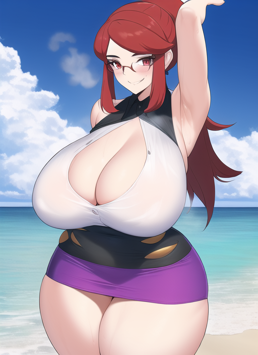 1girls ai_generated alternate_breast_size armpits cleavage huge_breasts long_hair lorelei_(pokemon) lorelei_(pokemon_frlg) nai_diffusion pokemon pokemon_frlg ponytail red_eyes red_hair stable_diffusion sweat thick_thighs voluptuous wide_hips