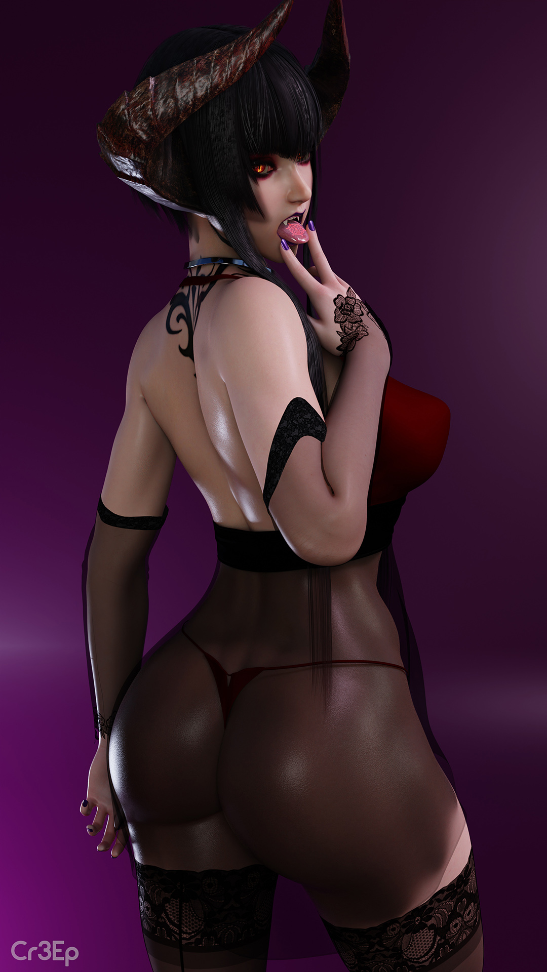 3d, ass, cr3epsfm, curved horns, eliza (tekken), fangs, female, female only, fingernails, gloves, hime cut, horns, lingerie, nail polish, panties, purple nails, solo, tagme, tattoo, tekken, tekken 7, thighhighs, tongue, tongue out, vampire, vampire girl