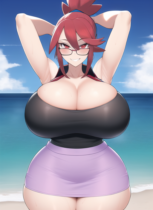 1girls ai_generated alternate_breast_size armpits cleavage huge_breasts long_hair lorelei_(pokemon) lorelei_(pokemon_frlg) nai_diffusion pokemon pokemon_frlg ponytail red_eyes red_hair stable_diffusion sweat thick_thighs voluptuous wide_hips