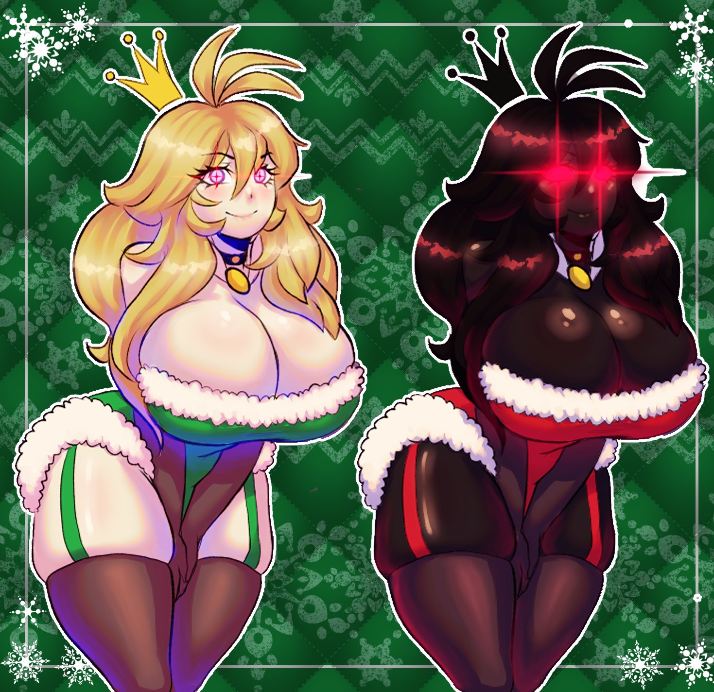 1girls, 2022, a hat in time, alternate costume, aspenofsimpcon, big breasts, black hair, black skin, blonde hair, breasts, christmas, cleavage, clothed, clothing, female, female only, garter straps, glowing eyes, huge breasts, human, humanoid, lens flare, light skin, light-skinned female, long hair, monster girl, mostly clothed, queen vanessa (ahit), red eyes, santa costume, solo, standing, thick thighs, thighhighs, wide hips