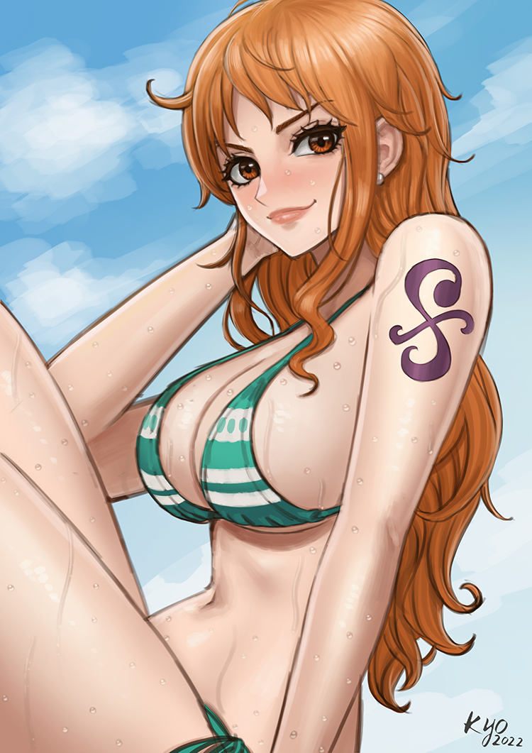1girls, arm tattoo, big breasts, bikini, bikini bottom, bikini top, blue tattoo, breasts, brown eyes, busty, curvy, female, female only, kyopink, long hair, nami (one piece), one piece, orange hair, orange-haired female, post-timeskip, seductive, shoulder tattoo, sideboob, sky, smile, solo, striped bikini, swimsuit, tattoo, thick thighs, water, wet skin
