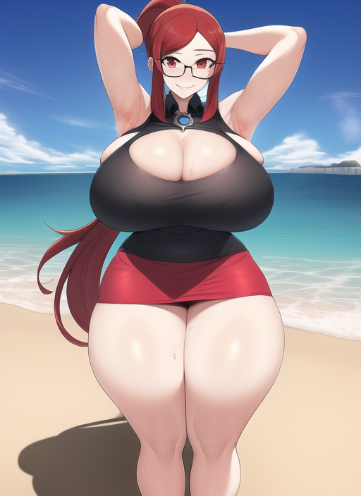 1girls ai_generated alternate_breast_size armpits cleavage huge_breasts long_hair lorelei_(pokemon) lorelei_(pokemon_frlg) nai_diffusion pokemon pokemon_frlg ponytail red_eyes red_hair stable_diffusion sweat thick_thighs voluptuous wide_hips