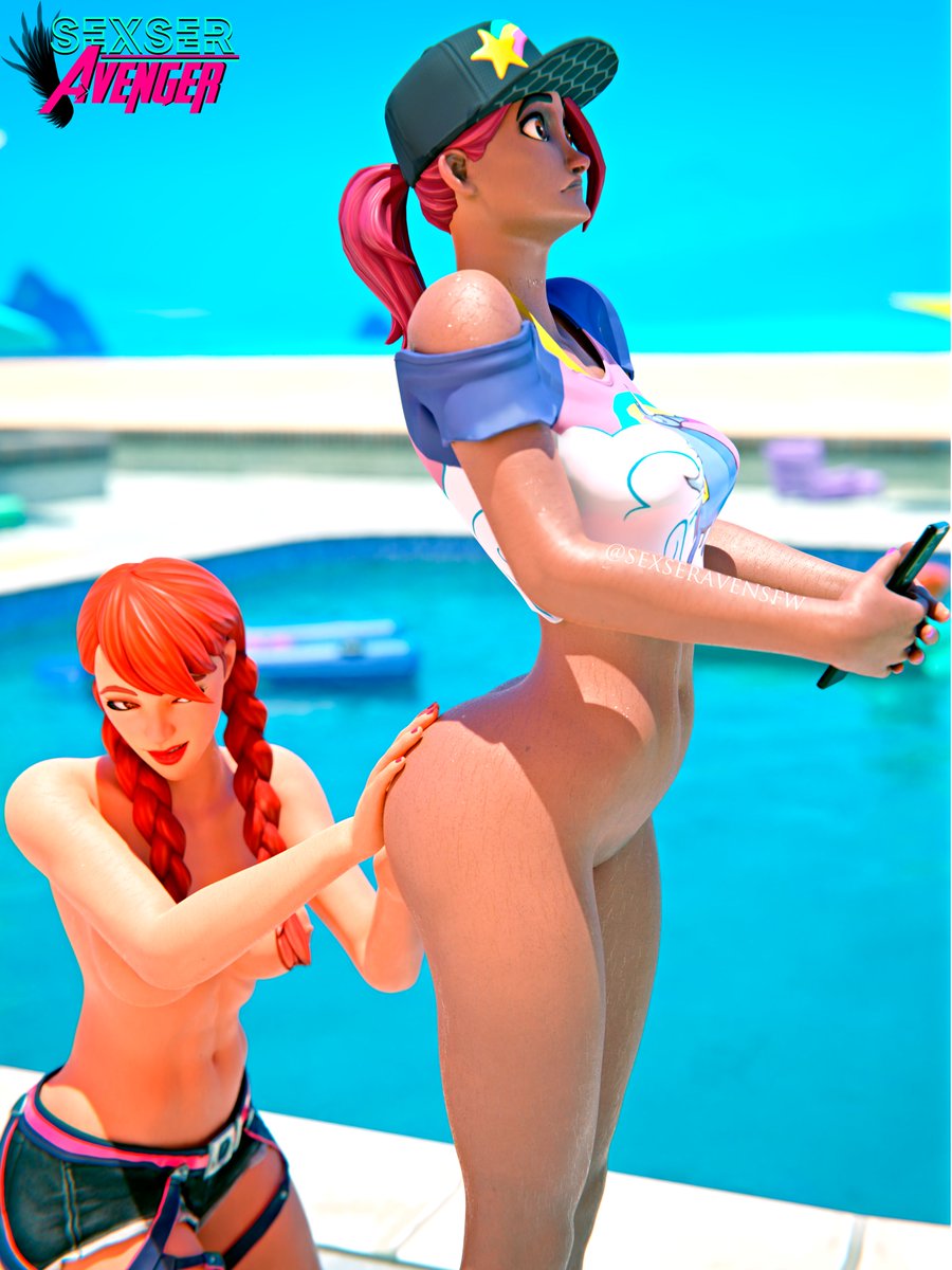 2girls 3d ass ass_grab ass_worship beach_bomber breasts brown_eyes cap female female_only fortnite implied_fingering no_panties no_shirt phone pink_hair red_hair red_lipstick shocked shocked_expression sixser summer_fable using_phone yuri