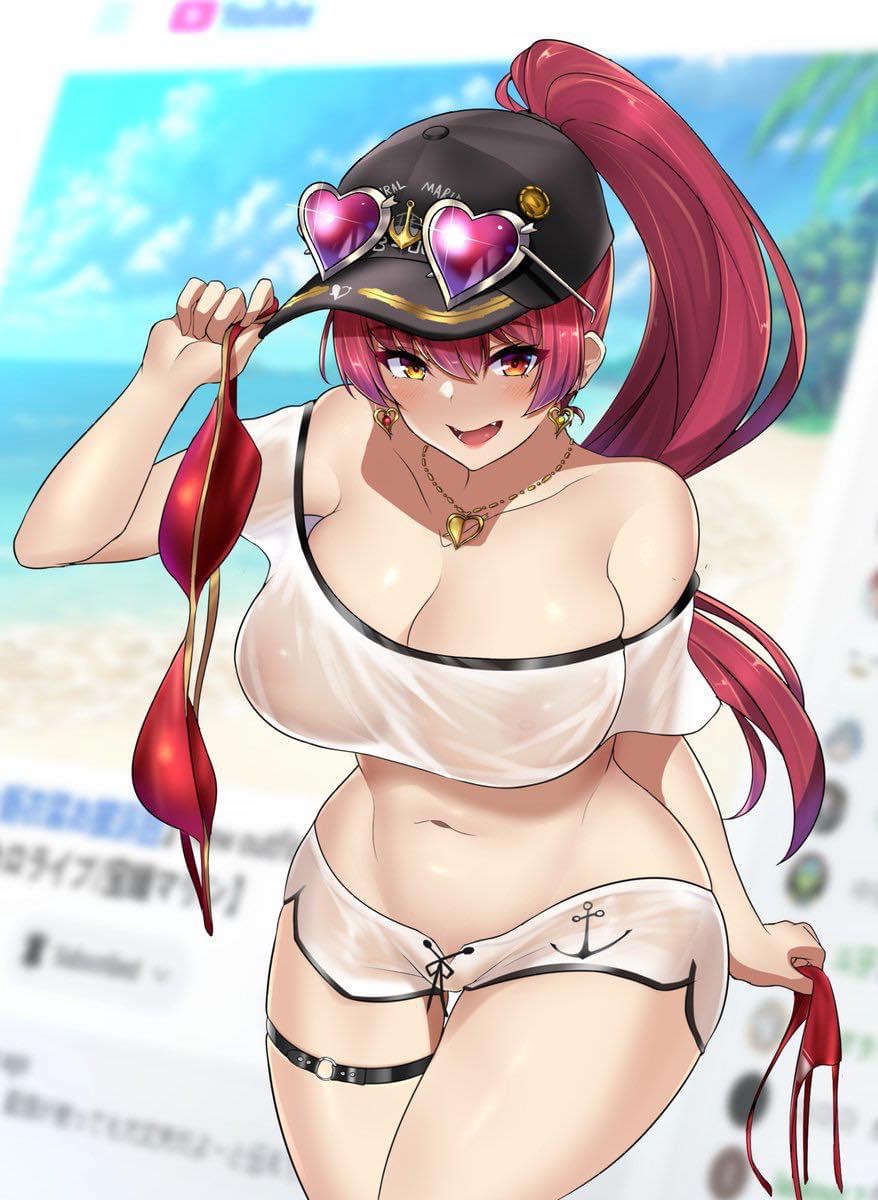 1girls alternate_costume alto-kun baseball_cap bikini_removed blush cap female female_only hat heterochromia hololive hololive_fantasy hololive_japan houshou_marine leg_strap light-skinned_female light_skin no_bra_under_clothes ponytail red_eye red_hair see-through_clothing solo virtual_youtuber wet_clothes wet_shorts wet_t-shirt yellow_eye