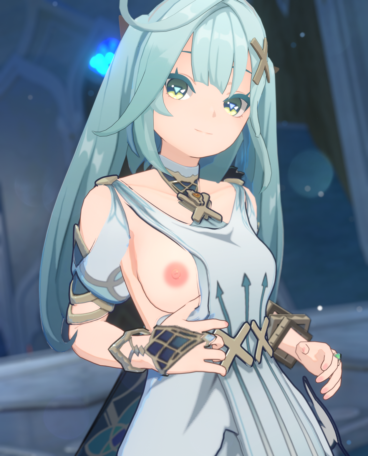 1girls, 3d, ahe gao, breasts, exposed breasts, faruzan (genshin impact), female, female only, genshin impact, horizontalslope, light skin, light-skinned female, nipples, one breast out, pale skin, pale-skinned female, pink nipples, shirt pull, smile, sole female, solo