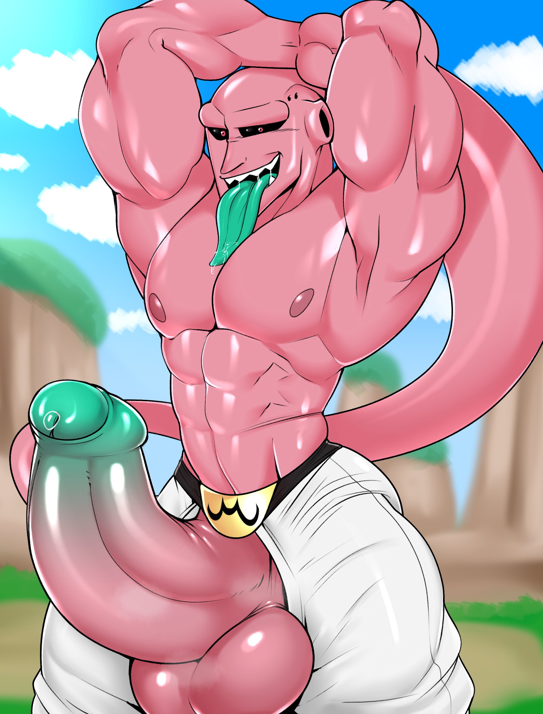1boy, arms up, artisticwolfie, balls, bara, big balls, big penis, boner, dragon ball, dragon ball z, erection, gay, gay male, majin, majin buu, male, male only, muscles, muscular, musk, penis, penis out, pink body, shirtless, solo, solo male, super buu, tongue, tongue out, tsukielewds, yaoi