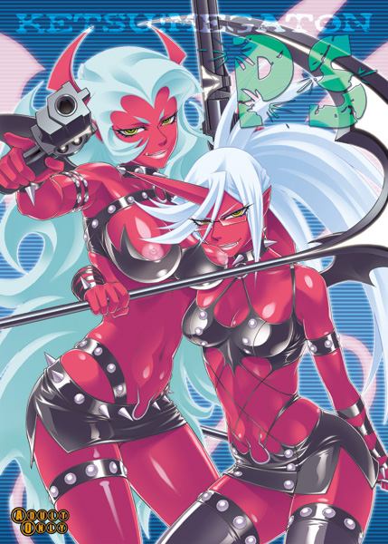 2demons cute_fang demon_girl demon_wings double_gold_lacytanga double_gold_spandex firearm green_hair handgun horn horns humanoid kneesocks_daemon long_hair nipples panty_&_stocking_with_garterbelt pierre_norano red_skin revolver scanty_daemon siblings sisters thighhighs weapon wings