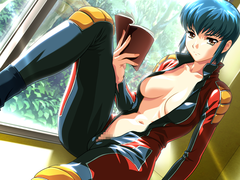 blue_hair bodysuit book breasts brown_eyes censored clothing collarbone female game_cg highres houya_yukitoshi jumpsuit large_breasts legs looking_at_viewer navel no_bra no_panties open_clothes reversible serious short_hair sitting solo sugihara_shizuno thighs tight_pants window