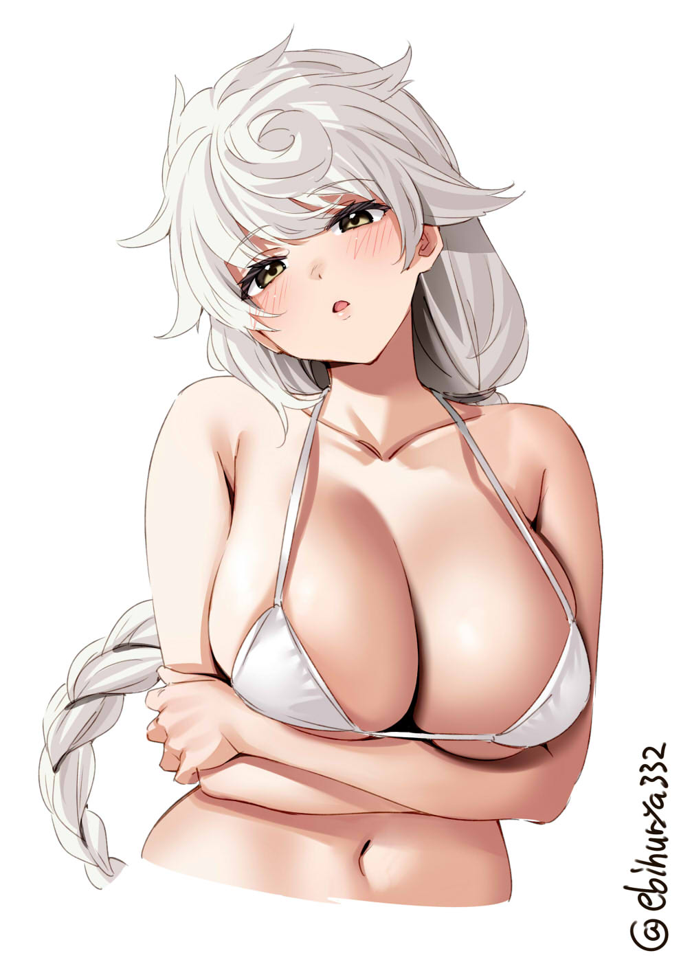 bangs bare_shoulders bikini blush braid braided_ponytail breasts collarbone cropped_torso crossed_arms ebifurya female highres huge_breasts kantai_collection large_breasts long_hair looking_at_viewer navel one-hour_drawing_challenge parted_lips seductive seductive_body seductive_gaze seductive_look seductive_mouth simple_background skindentation solo strap_gap string_bikini swimsuit twitter_username underboob unryuu_(kantai_collection) upper_body very_long_hair white_background white_bikini white_hair yellow_eyes