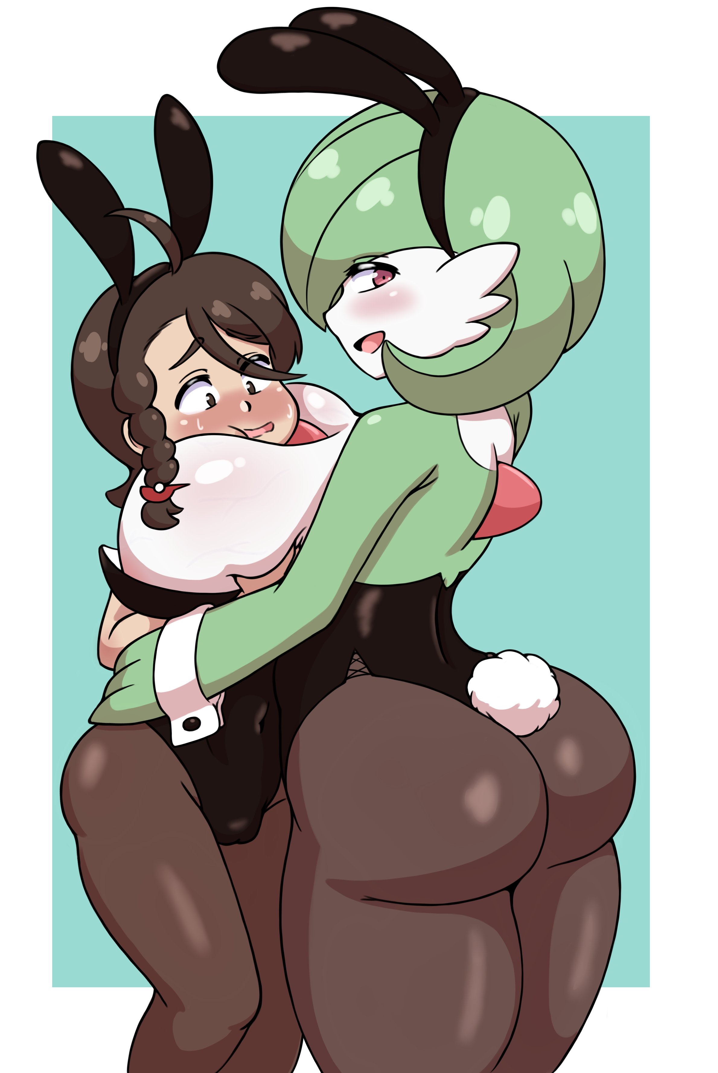 2girls, anthro, ass, blush, breast size difference, breasts, brown eyes, brown hair, bunny ears, bunny girl, bunnysuit, embarrassed, female, female gardevoir, female only, gardevoir, green hair, hair over one eye, head between breasts, height difference, highleg leotard, huge breasts, human, human female, juliana (pokemon), large ass, leotard, light skin, light-skinned female, multiple females, multiple girls, nintendo, pokémon (species), pokemon, pokemon (species), pokemon sv, red eyes, short hair, side braid, small breasts, thick thighs, tights, wide hips, winzaku (asakura)