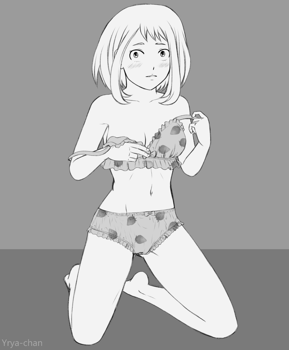 blush bra_straps_down embarrassed lingerie_only monochrome my_hero_academia ochako_uraraka pinup yrya-chan