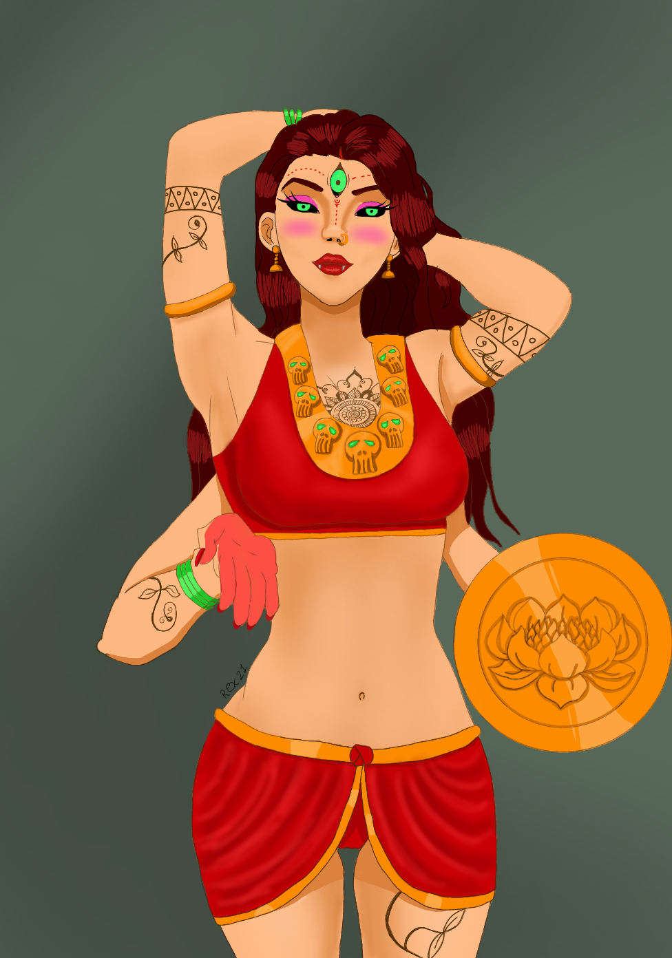 3_eyes clothed_female demon demon_girl goddess green_eyes hindu_mythology hinduism indian indian_female jewelry kali looking_at_viewer multi_arm multi_limb tagme