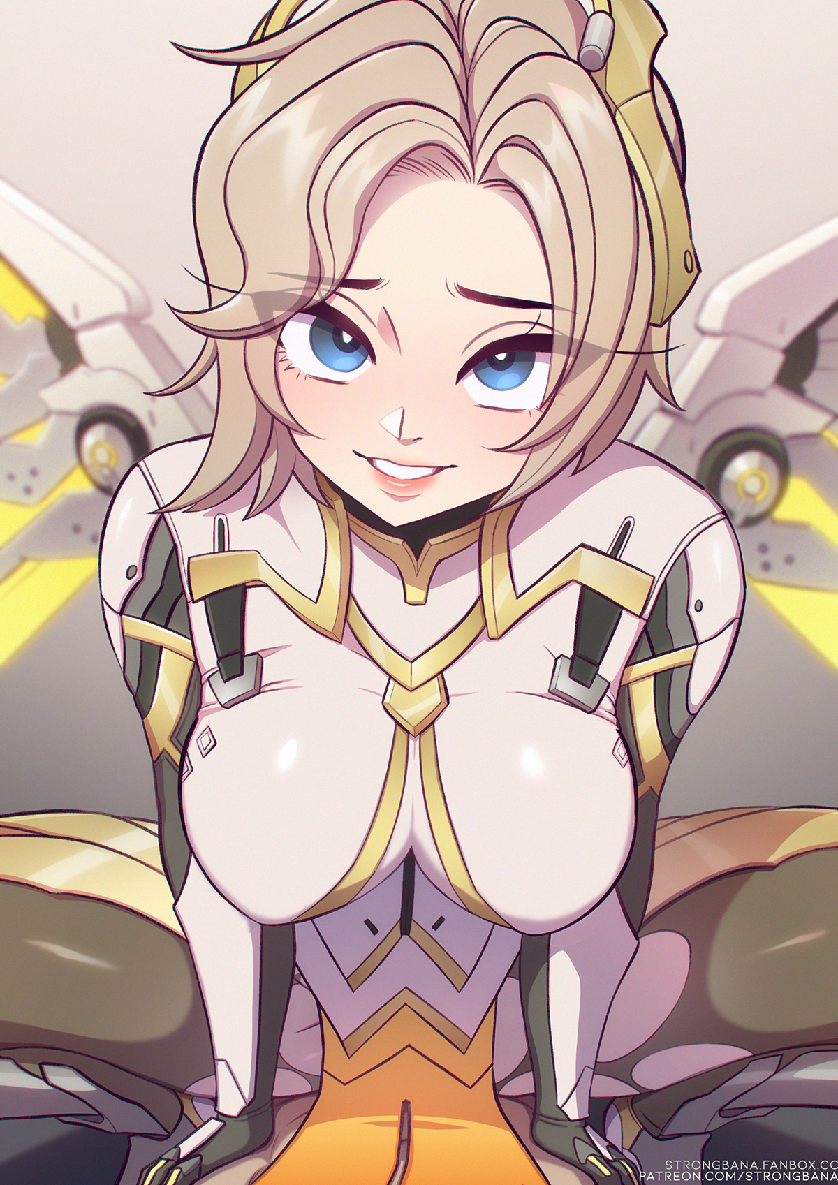 1boy, 1girls, big breasts, bodysuit, breasts, eye contact, female, female on top, highres, light skin, looking at viewer, male, mercy, overwatch, ripped bodysuit, short hair, skin tight, skindentation, strongbana