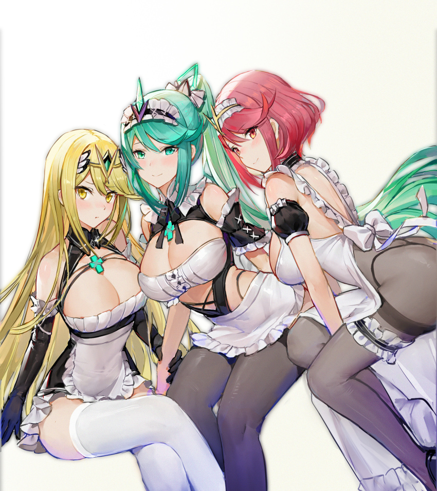 3girls apron back_bow blonde_hair breasts core_crystal elbow_gloves gloves green_eyes green_hair hand_on_another's_arm hand_on_arm large_breasts light-skinned_female long_hair looking_at_viewer maid maid_apron maid_headdress maid_uniform mo_xiaoxue mythra nintendo pale-skinned_female pantyhose pneuma_(xenoblade) ponytail pyra red_eyes red_hair short_hair thigh_strap thighhighs tiara xenoblade_(series) xenoblade_chronicles_2 yellow_eyes