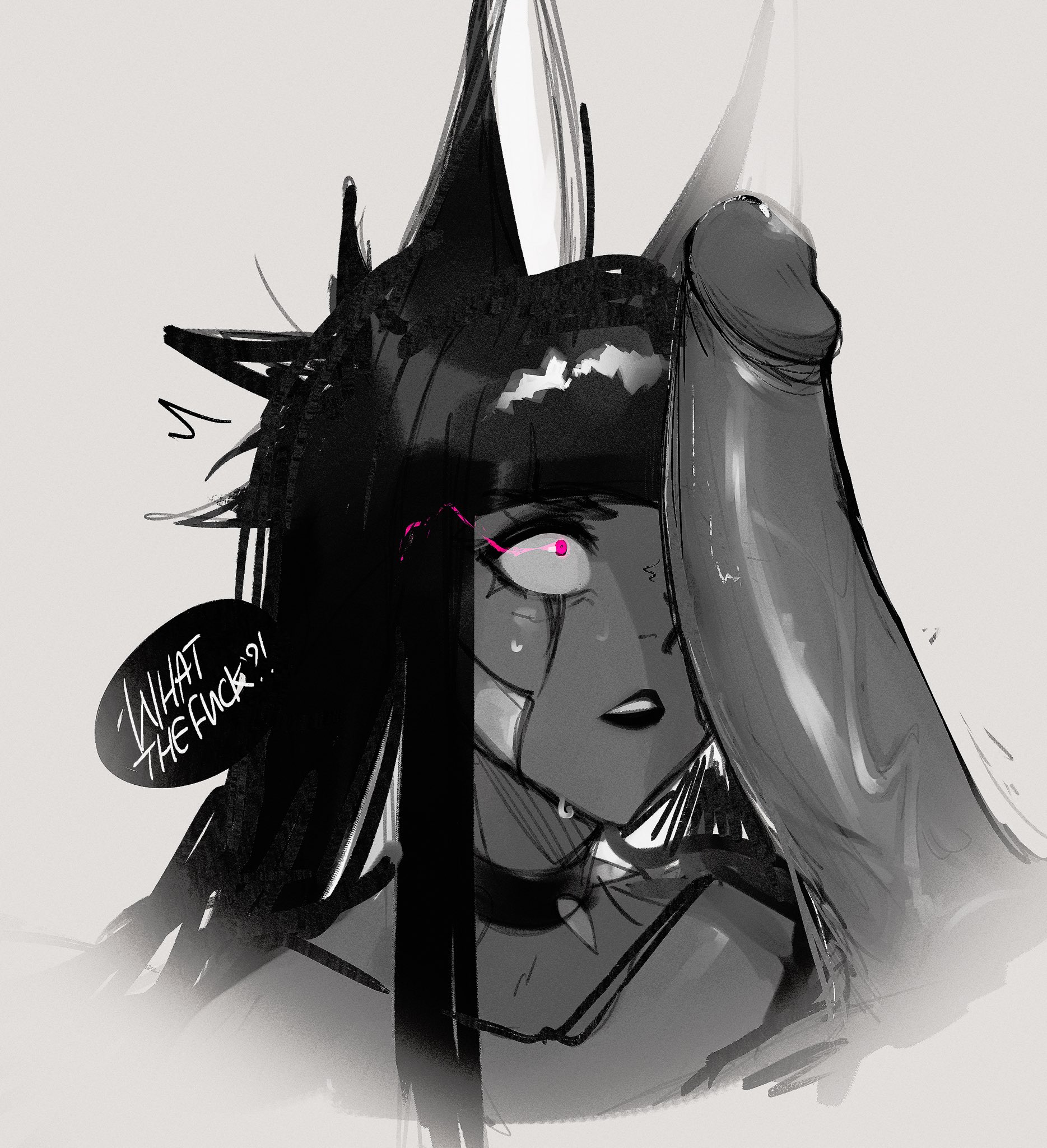 1boy, 1girls, animal ears, anput (bladechan28), big penis, bladechan28, blunt bangs, cock shock, dark skin, dark-skinned female, dark-skinned male, egyptian, english text, erect penis, erection, eyeliner, female, large penis, looking at penis, makeup, male, original, penis, penis awe, speech bubble, sweat, text