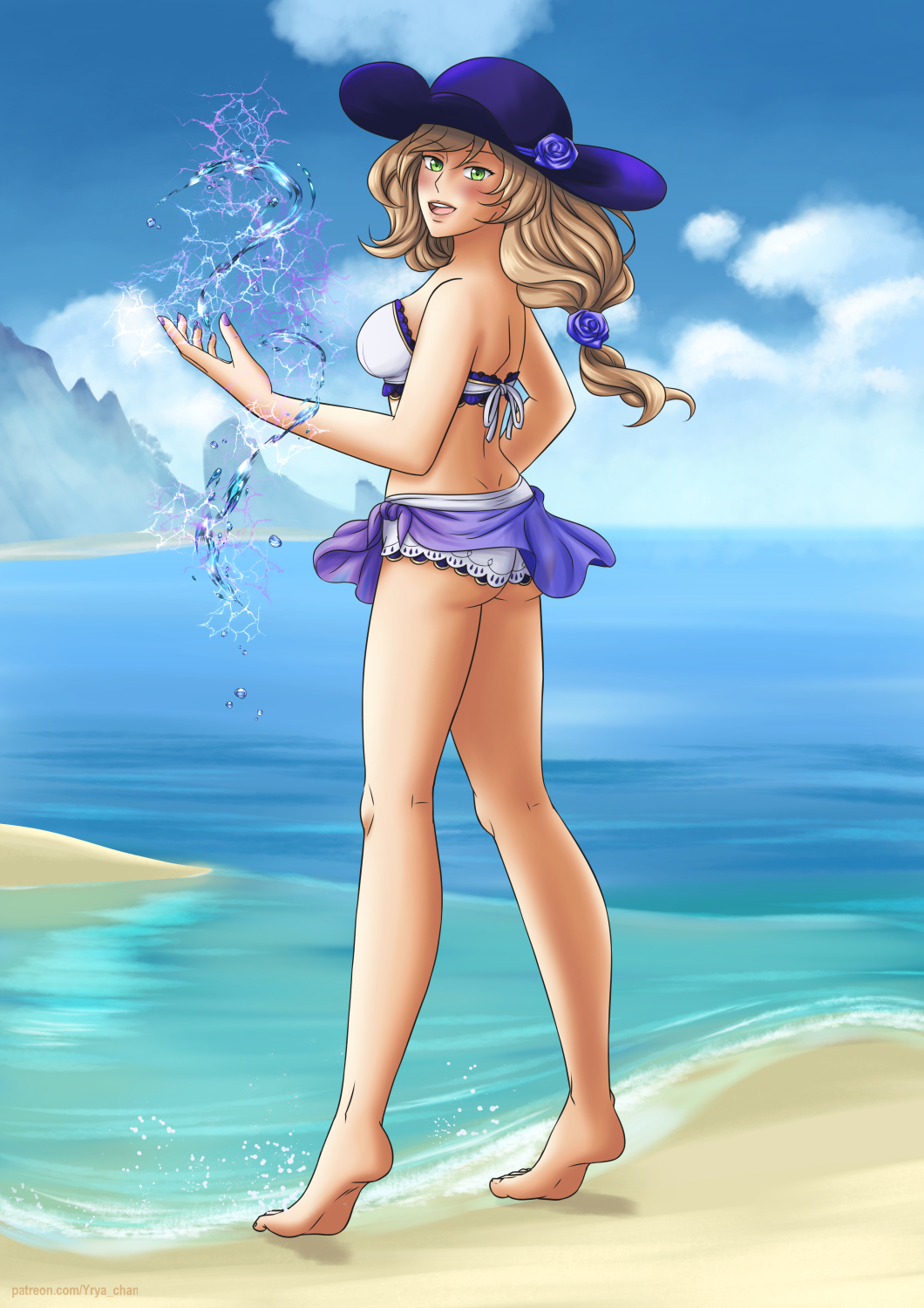 beach bikini genshin_impact hat lisa_(genshin_impact) ponytail telekinesis yrya-chan