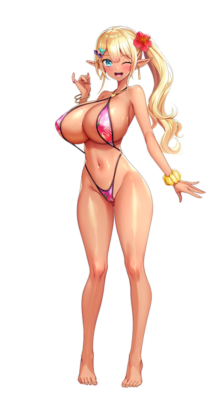 1girls big_breasts bikini blonde_hair blue_eyes blush blush breasts cameltoe curvy curvy_female dark-skinned_female dark_elf dark_skin derauea earrings elf elf_ears elf_female elf_girl female female_only hair_ornament huge_breasts large_breasts long_hair looking_at_viewer milk_factory motto!_haramase!_honoo_no_oppai_isekai_oppai_meido_gakuen! myunmyun_lafleur navel nipple_bulge official_art open_mouth png pointy_ears ponytail shiny shiny_skin smile smiling smiling_at_viewer solo thin_waist thong transparent_background wink winking winking_at_viewer