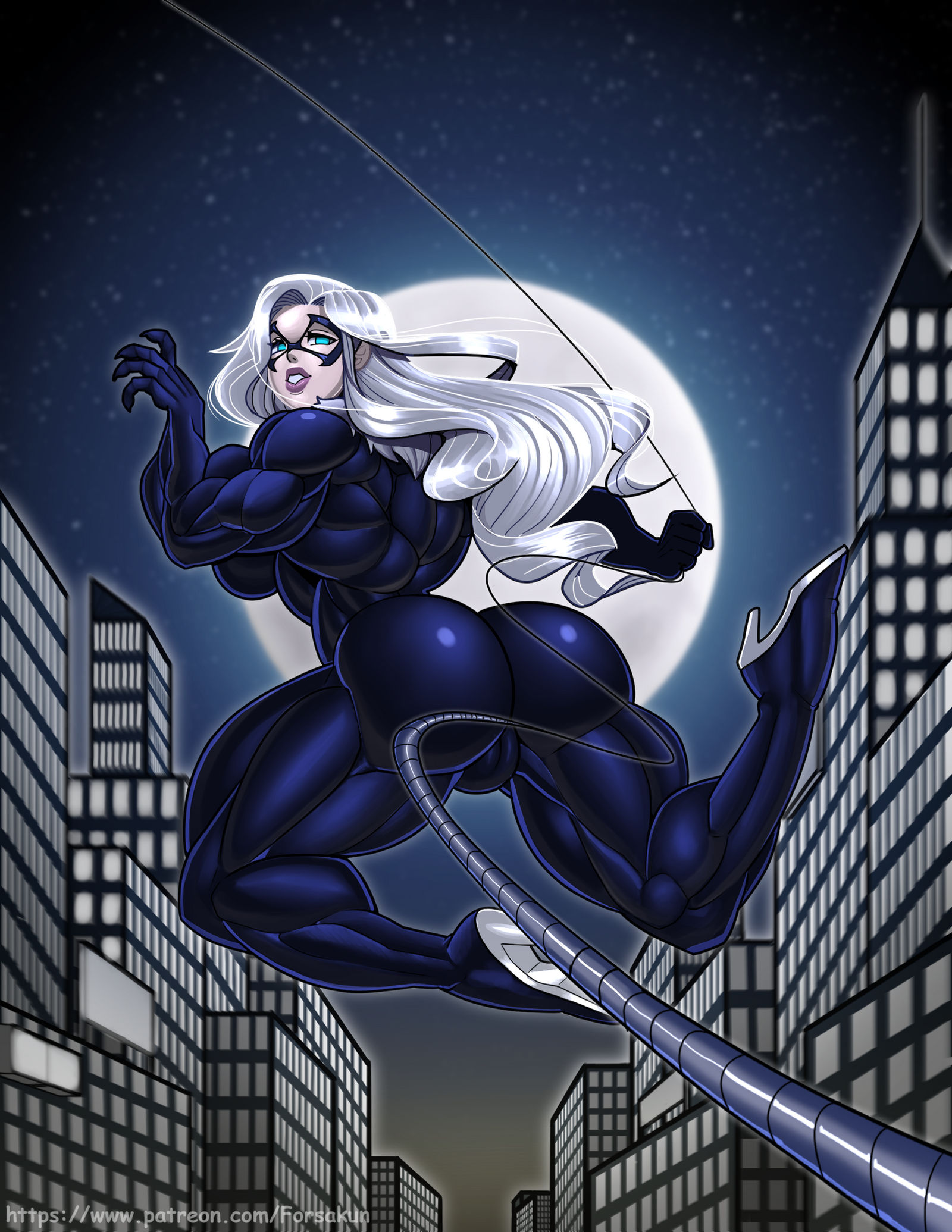 1girls, abs, amazon, ass, athletic, athletic female, back view, black cat (marvel), bodysuit, breasts, buff, busty, cleavage, costume, crotch, curves, exposed, exposed ass, exposed pussy, felicia hardy, female, fit, fit female, forsakun, heels, in the air, looking back, looking pleasured, marvel, marvel comics, mask, moon, moonlight, muscle tone, muscles, muscular, muscular arms, muscular ass, muscular back, muscular female, muscular legs, muscular thighs, pussy, rope, seductive eyes, seductive look, seductive smile, shiny clothes, shiny hair, sideboob, silver hair, solo, solo female, thunder thighs, tight clothes, tight clothing, toned, toned female, wide hips, wide thighs