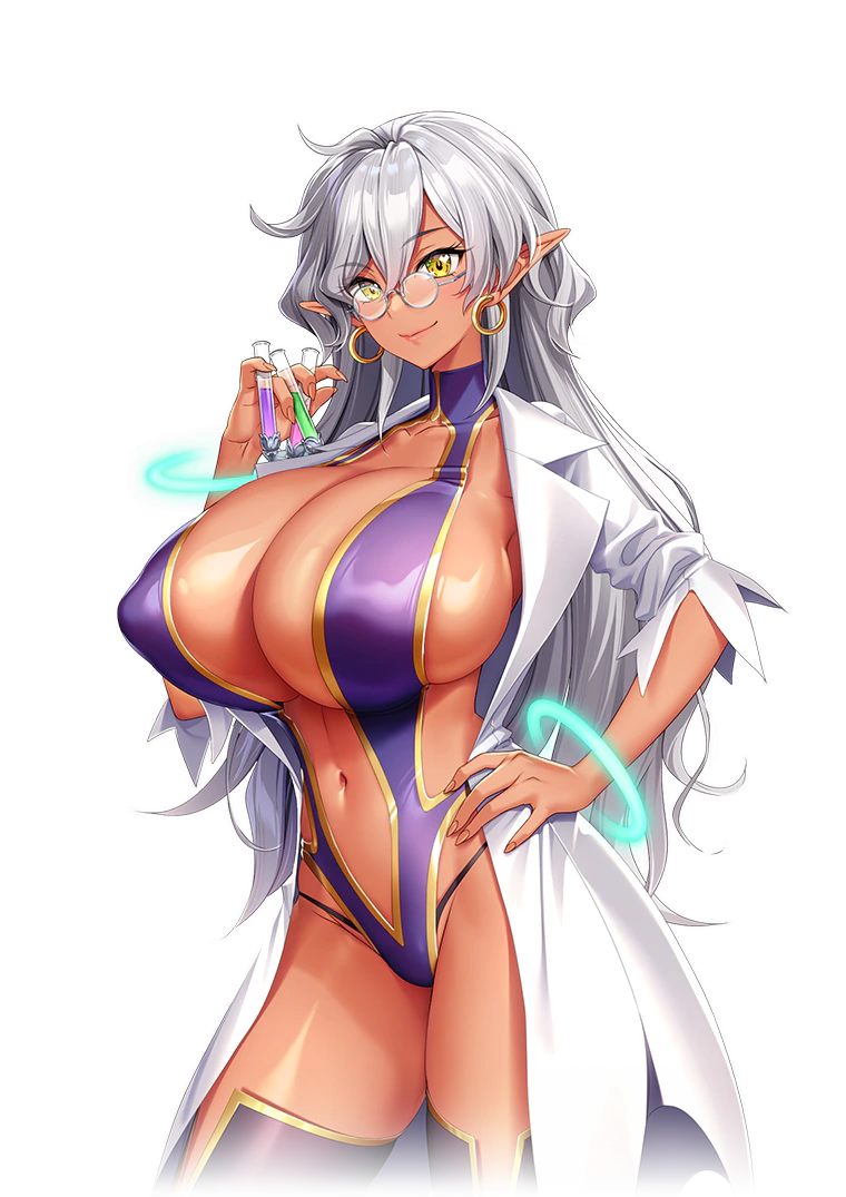 1girls alpha_channel big_breasts breasts breasts_bigger_than_head chemicals chemistry curvy curvy_female dark-skinned_female dark_elf dark_skin derauea earrings elf elf_ears elf_female female female_only for_sticker_use glasses gray_hair hand_on_hip huge_breasts lab_coat labcoat large_breasts long_hair looking_at_viewer mature mature_female mature_woman milf milk_factory motto!_haramase!_honoo_no_oppai_isekai_oppai_meido_gakuen! navel nipple_bulge official_art parthia_ramsey png revealing_clothes shiny shiny_clothes shiny_skin smile smiling smiling_at_viewer solo sticker_template stockings thin_waist transparent_background transparent_png