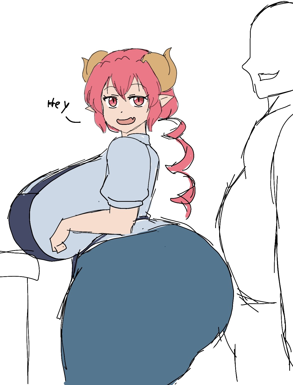 1boy, 1girls, alternate ass size, alternate breast size, apron, ass, big ass, big breasts, breasts, fat ass, female, gigantic breasts, horn, huge ass, huge breasts, ilulu (dragon maid), large ass, male, miss kobayashi's dragon maid, momiji (artist), npc, pervert, pink eyes, pink hair, smile, straight, white background