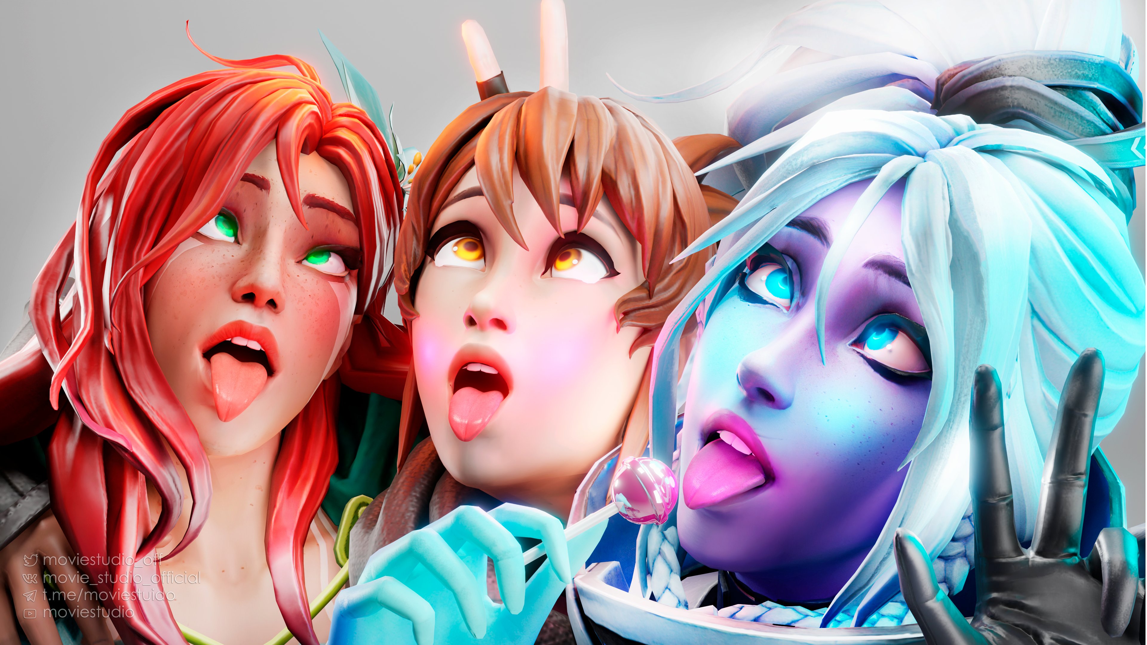 3d, 3girls, ahe gao, blonde hair, blue eyes, blue skin, brown hair, dota 2, drow ranger, female, female only, green eyes, lolipop, marci, multiple females, multiple girls, red hair, venskorp3d, windranger, yellow eyes