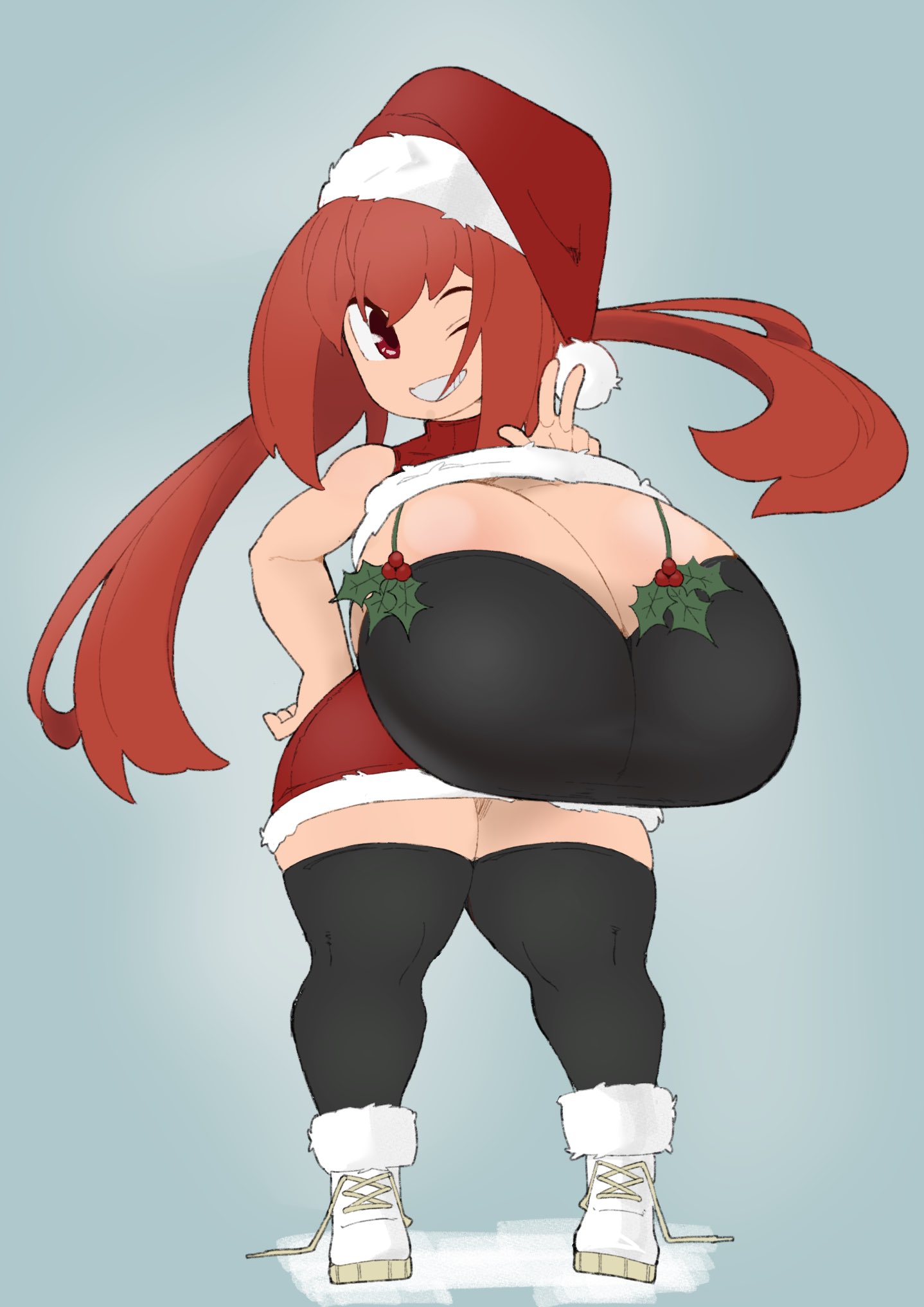 1girls, 2022, breasts, christmas, cleavage, female, female focus, hips, huge breasts, iris (vammzu), matching hair/eyes, one eye closed, peace sign, red eyes, red hair, santa hat, shortstack, solo, solo female, solo focus, thick thighs, thighhighs, thighs, top heavy, twintails, vammzu, wide hips, wink, winking