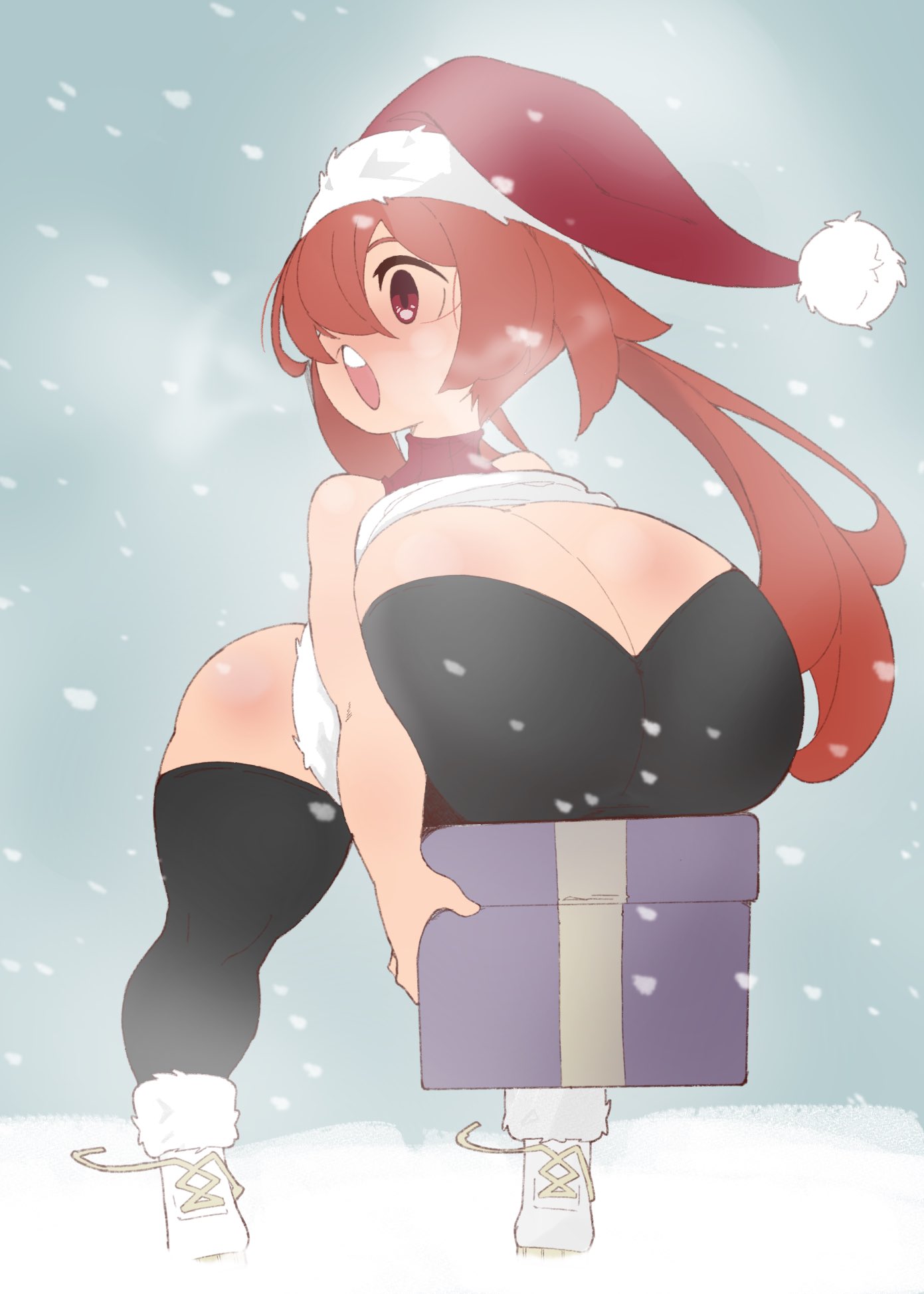 1girls, 2022, breasts, christmas, cleavage, female, female focus, hair over one eye, huge breasts, iris (vammzu), matching hair/eyes, red eyes, red hair, santa hat, shortstack, snow, solo, solo female, solo focus, thick thighs, thighhighs, thighs, top heavy, twintails, vammzu