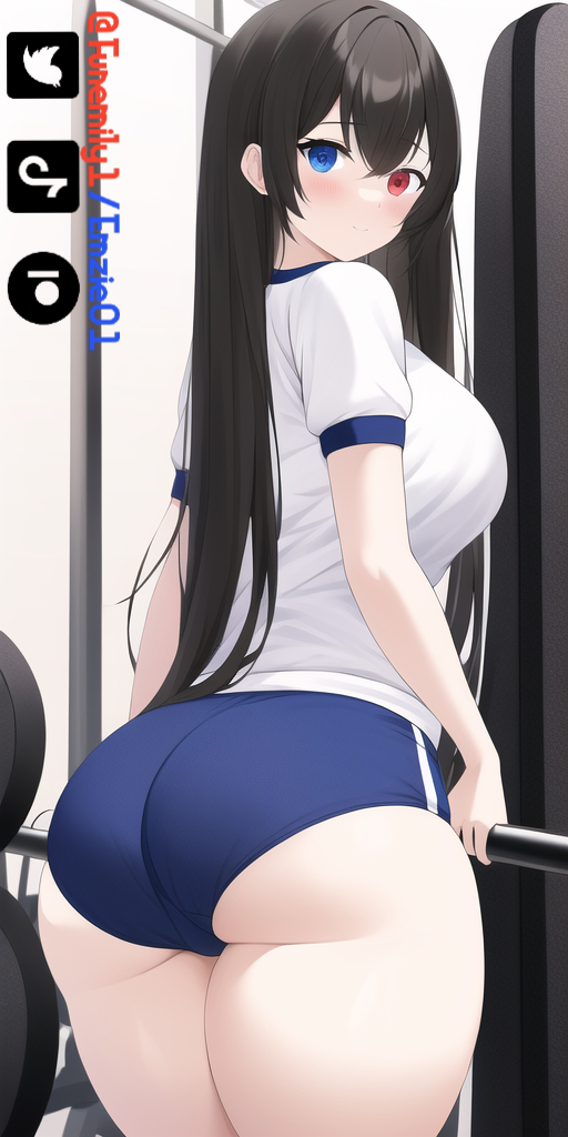 1girls ai_generated artist_self-insert ass black_hair buruma clothed clothing different_eye_color emzie01 funemily1 gym gym_uniform large_breasts looking_at_viewer looking_back nai_diffusion stable_diffusion standing tagme thighs watermark