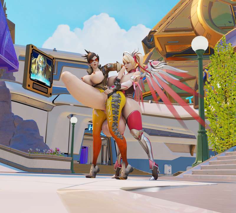 1futa, 1girls, 3d, duo, female, futa on female, futanari, human, hyper, hyper penis, intersex, light skin, light-skinned female, light-skinned futa, mercy, nude, overwatch, penis, stomach bulge, tracer, wxokky