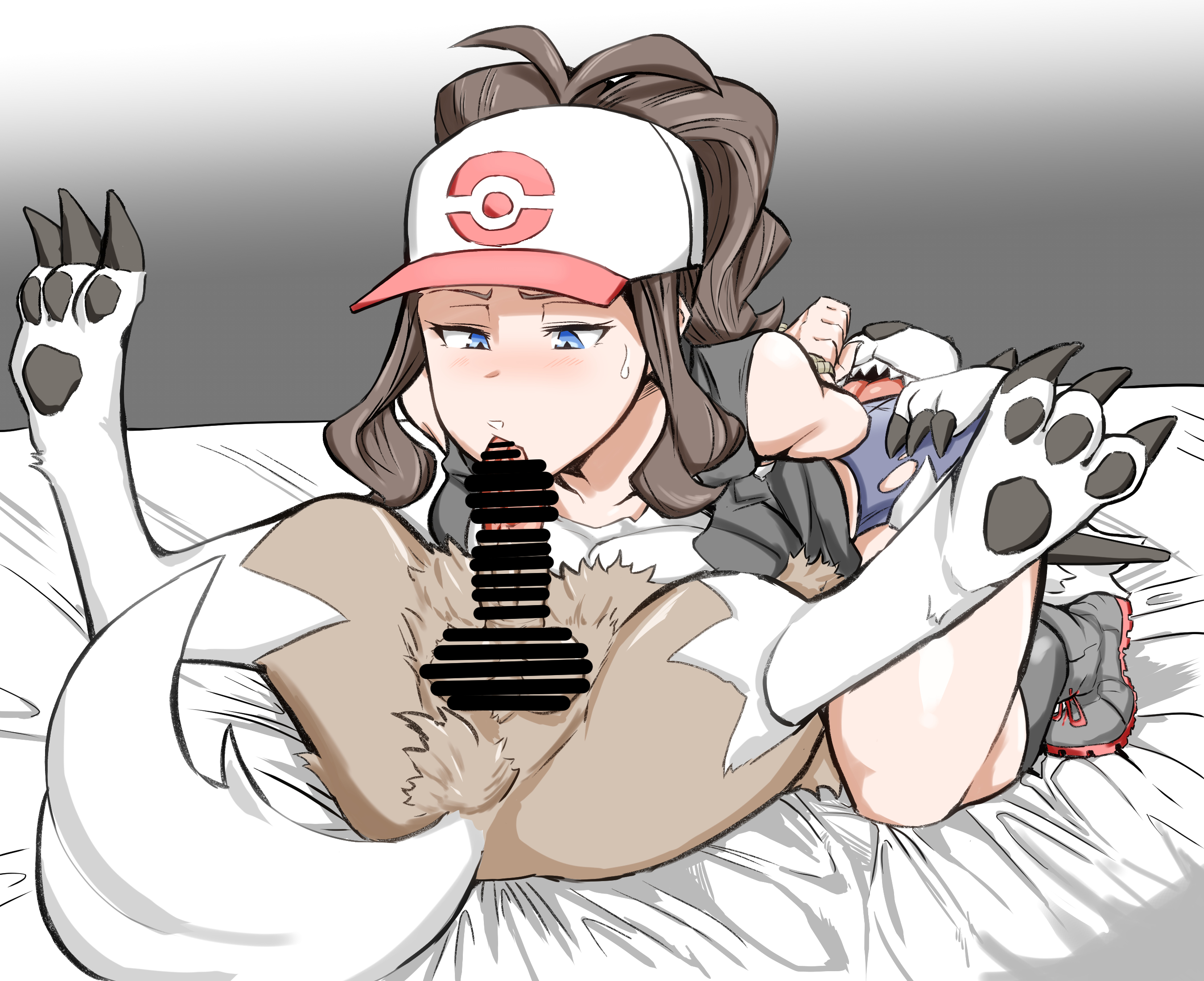1boy, 1girls, 69 position, blowjob, blue eyes, blush, bound wrists, canine, canine penis, censor bar, censored, censored penis, clothed female, clothed sex, dark hair, dog penis, dominant male, fellatio, female, female human/male feral, female on feral, femsub, hands behind back, hat, highres, hilda (pokemon), light skin, light-skinned female, lycanroc, male, male pokemon, male pokemon/female human, maledom, midday lycanroc, oral, penis, pokemon, pokephilia, ponytail, submissive female, sweat, yuujiro, zoophilia