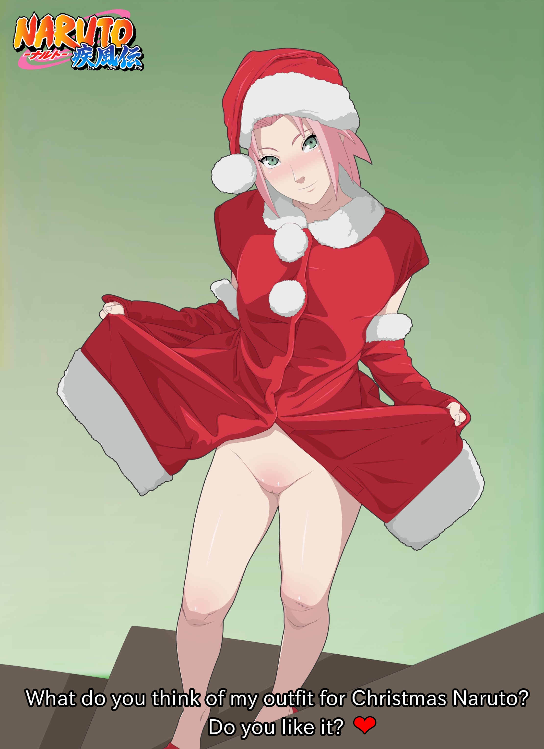 1girls, before sex, blush, christmas, christmas hat, christmas outfit, female, female only, green eyes, naruto, naruto (series), naruto shippuden, pink hair, pussy, sakura haruno, seducing, seductive, seductive smile, showing pussy, solo, text
