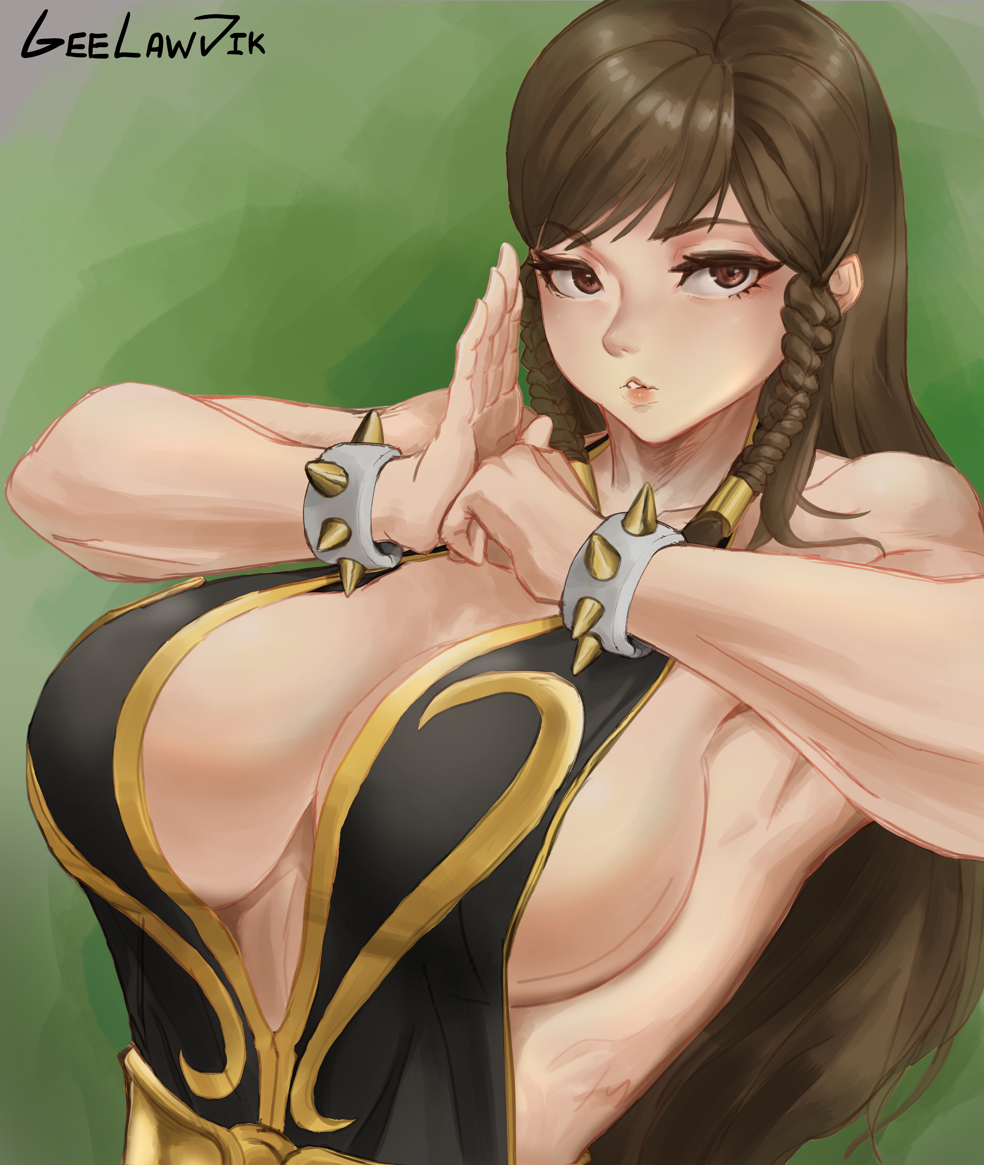 1girls, 2022, absurd res, alternate costume, big breasts, braided twintails, breasts, brown eyes, brown hair, capcom, chun-li, chun-li (battle ouffit sfv), dress, female, female only, fully clothed, geelawjik, inner sideboob, long hair, looking at viewer, narrowed eyes, pose, sideboob, solo, spiked bracelet, street fighter, street fighter v, upper body