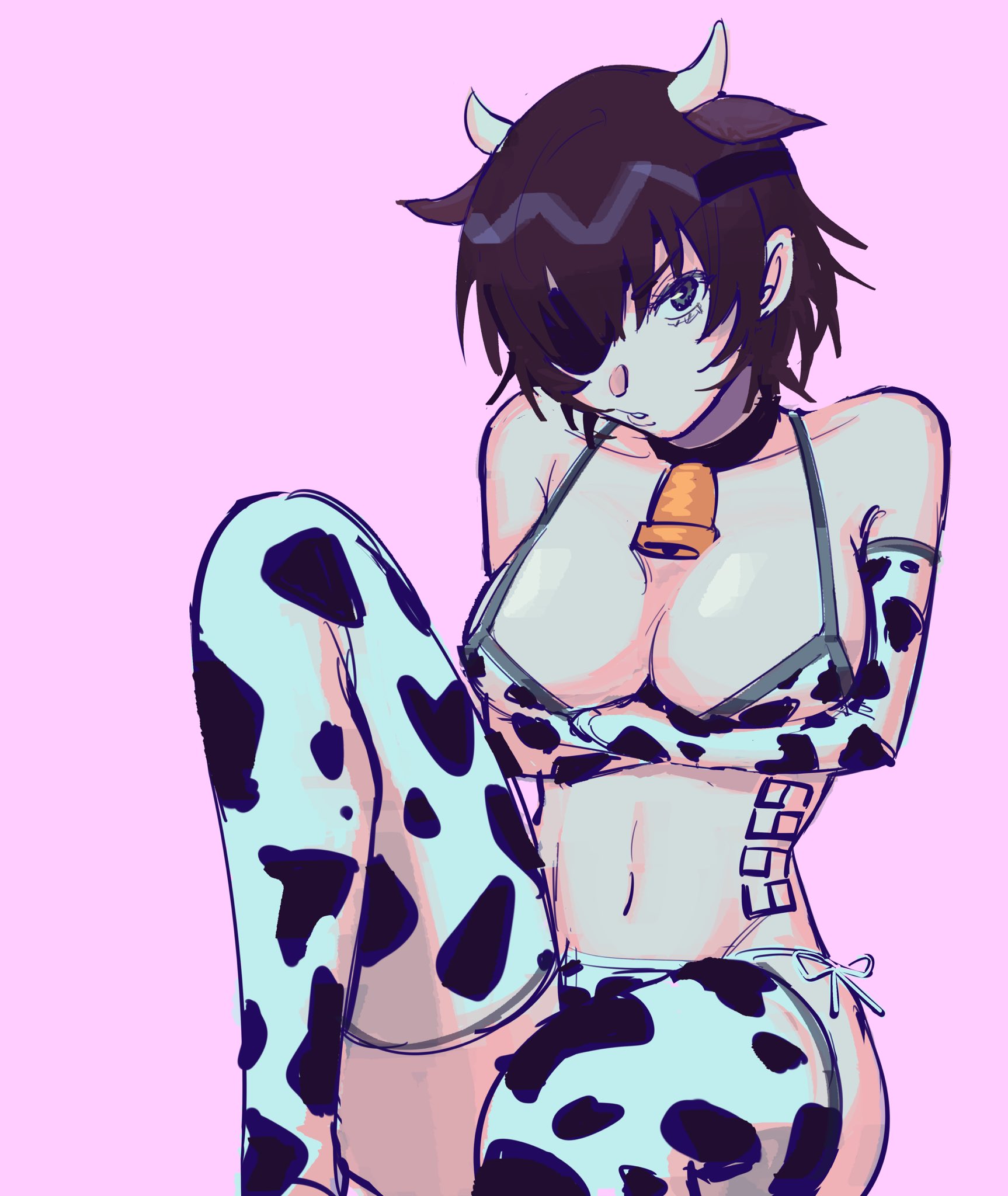 1girls, big breasts, breasts, chainsaw man, cleavage, cow ears, cow print, cowbell, female, female only, himeno (chainsaw man), light skin, light-skinned female, liowig, mappa, stockings