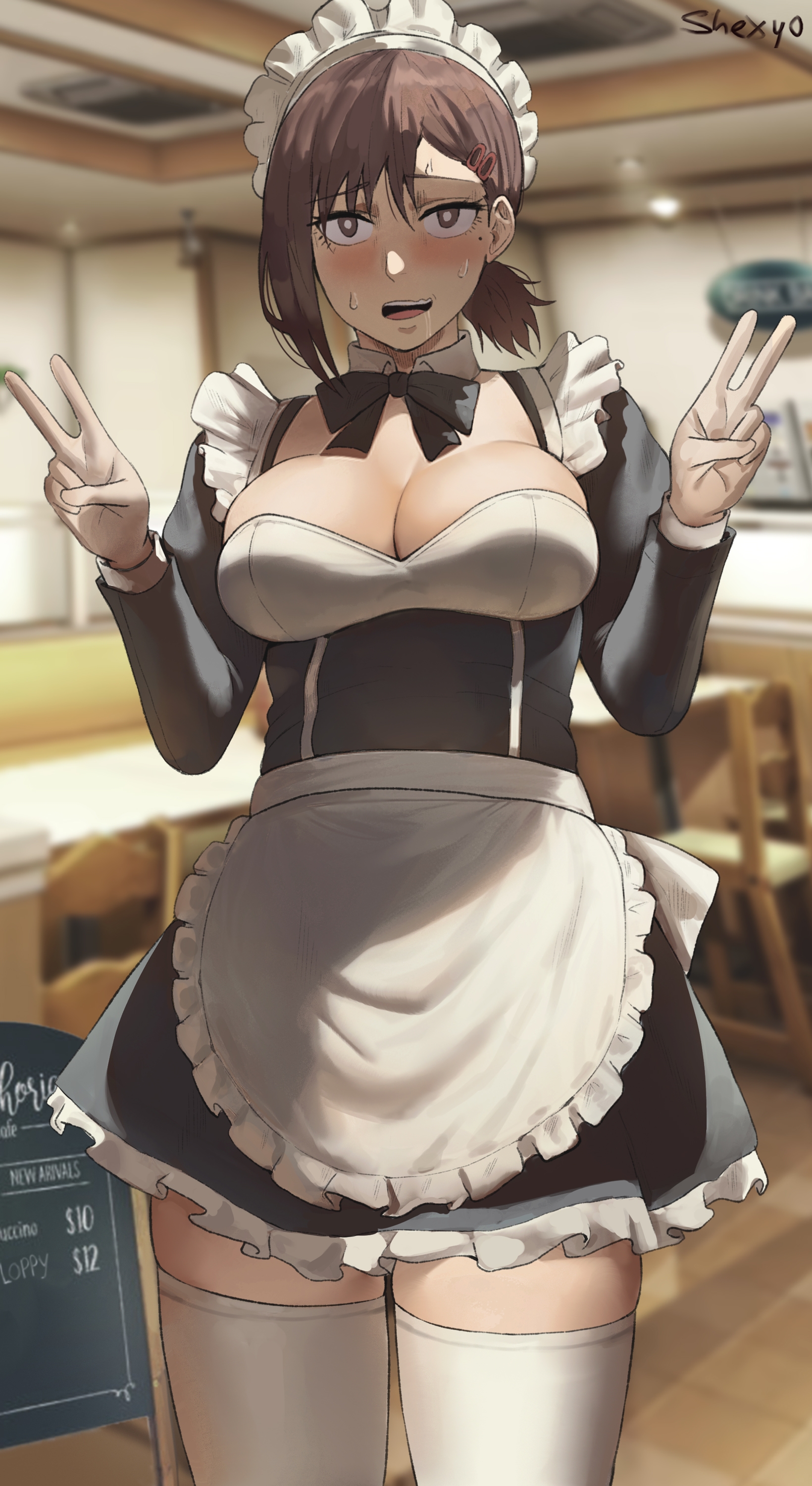 1girls, anxious, big breasts, black hair, blurry background, breasts, brown hair, brown-haired female, cafe, chainsaw man, female, female only, higashiyama kobeni, indoors, light-skinned female, maid, maid uniform, peace sign, selezu, shexyo, short hair, sotano de los pajeros, tagme, thighhighs, thighs