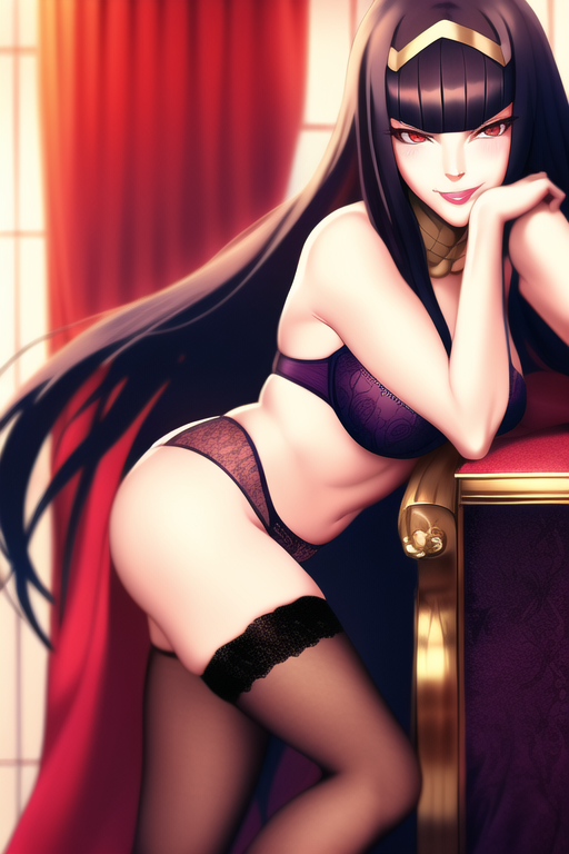 1girls adult_female ai_generated anime_lingerie arms_crossed ass bent_leg big_ass big_breasts black_hair black_socks closed_mouth collar curtains curtains_open curvy female female_only fire_emblem fire_emblem_awakening front_view hair_with_bangs hand_on_face hi_res huge_breasts lingerie long_hair long_socks looking_at_viewer nai_diffusion nintendo pale-skinned_female purple_lingerie red_eyes smile solo solo_focus stable_diffusion straight_leg table tharja_(fire_emblem) tiara video_game_character window