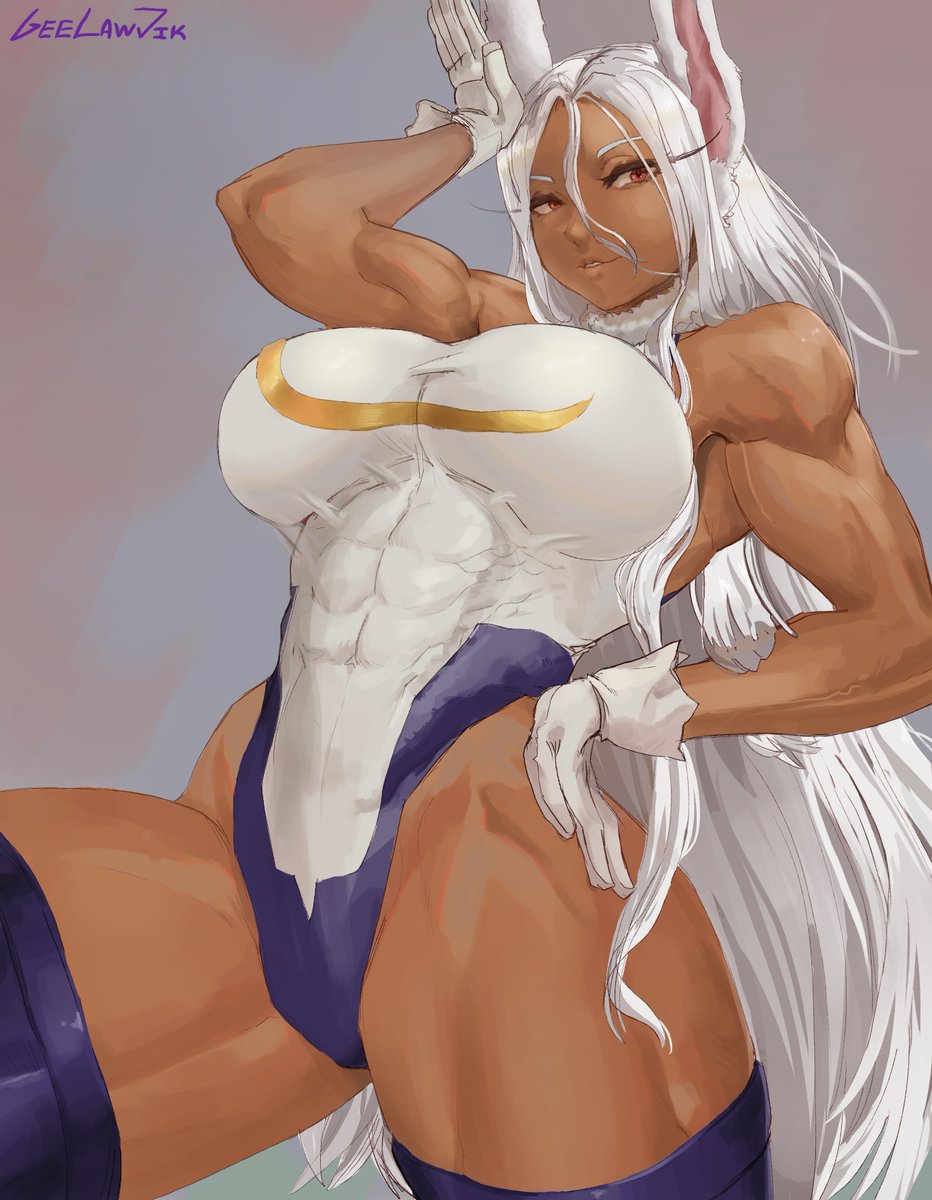1girls, 2022, abs, big breasts, breasts, bunny ears, dark skin, dark-skinned female, eyelashes, female, female only, fully clothed, geelawjik, gloves, hand on hip, leotard, long eyelashes, long hair, looking at viewer, miruko, muscles, muscular, muscular female, my hero academia, narrowed eyes, pose, red eyes, rumi usagiyama, solo, thick thighs, white hair